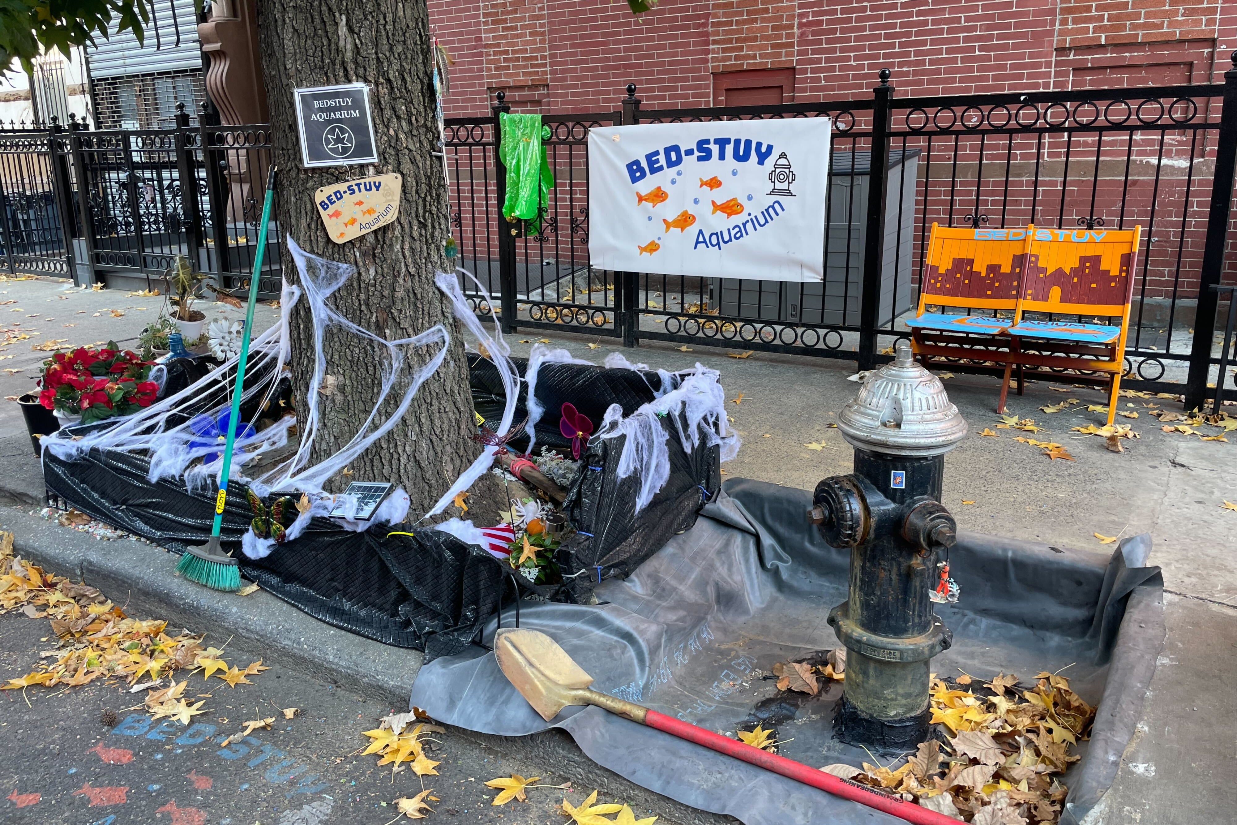 Halloween decorations near to the aquarium now give the impression of a fishy graveyard