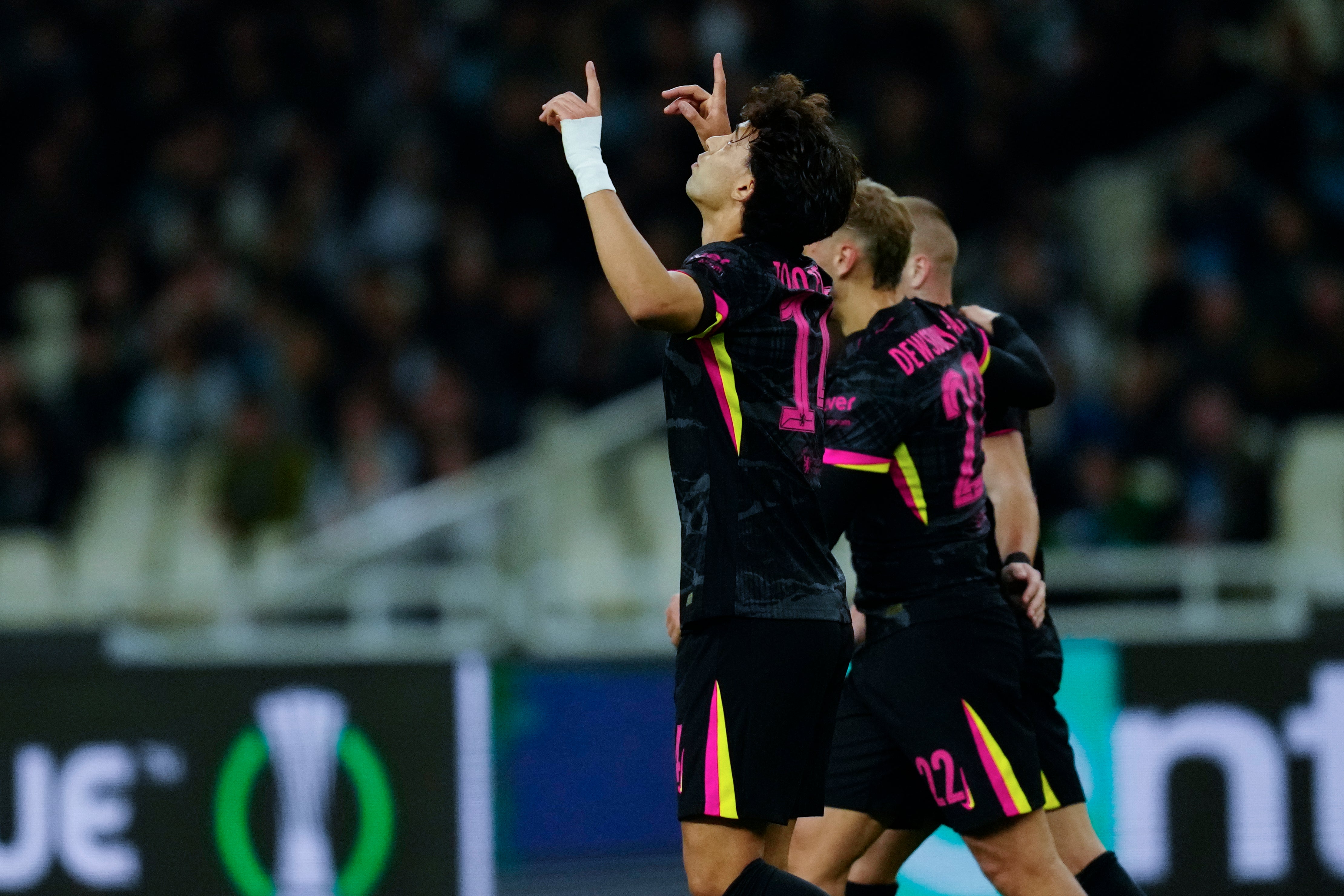 Joao Felix celebrates Chelsea’s opening goal (Thanassis Stavrakis/AP)