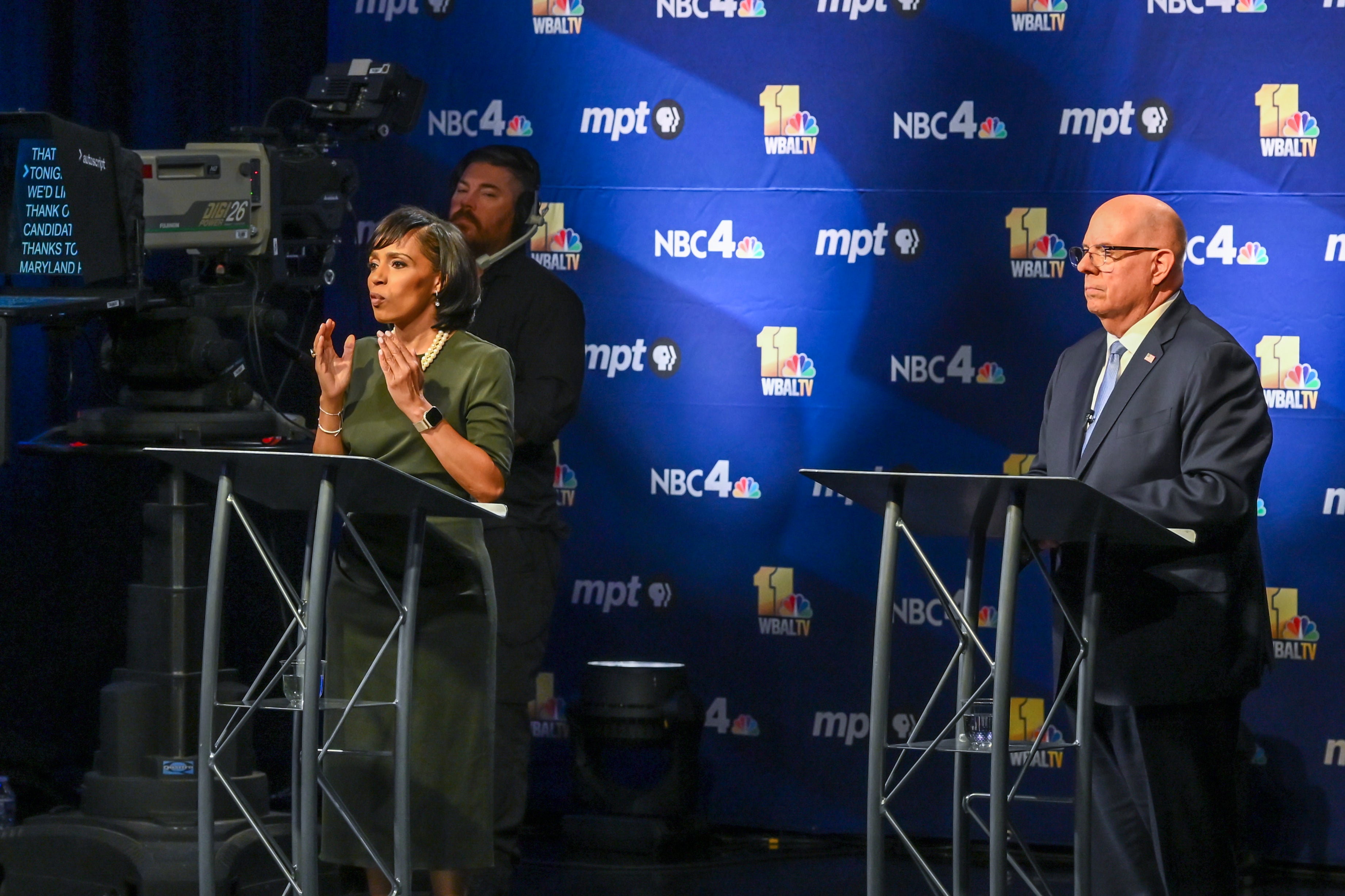 Maryland Democratic candidate for Senate Angela Alsobrooks speaks during a debate against her Republican rival Larry Hogan.