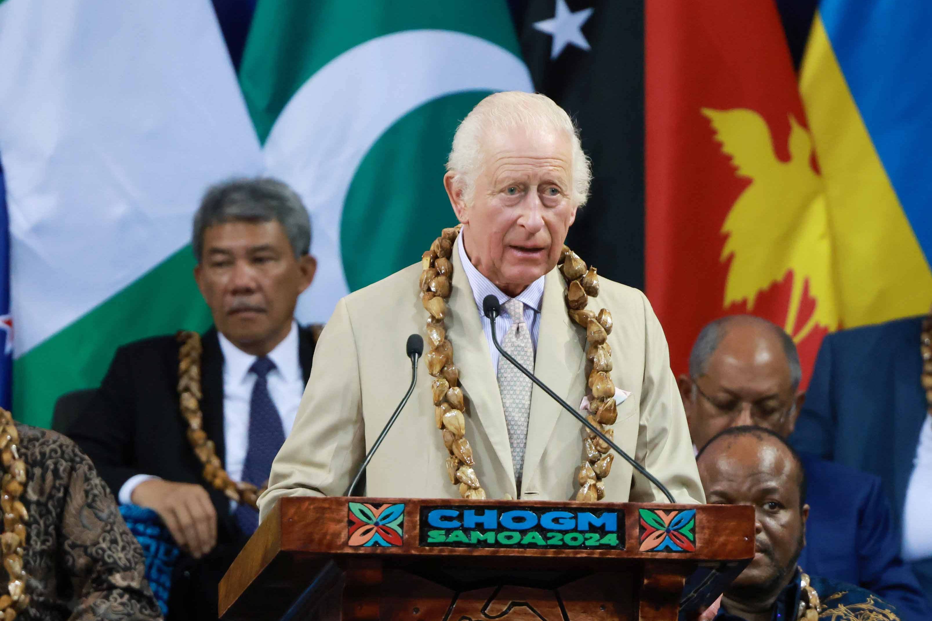 King Charles III addresses Commonwealth leaders, Foreign Ministers and dignitaries at the opening of the Commonwealth Heads of Government Meeting in Apia, Samoa (Ian Vogler/The Daily Mirror/PA)