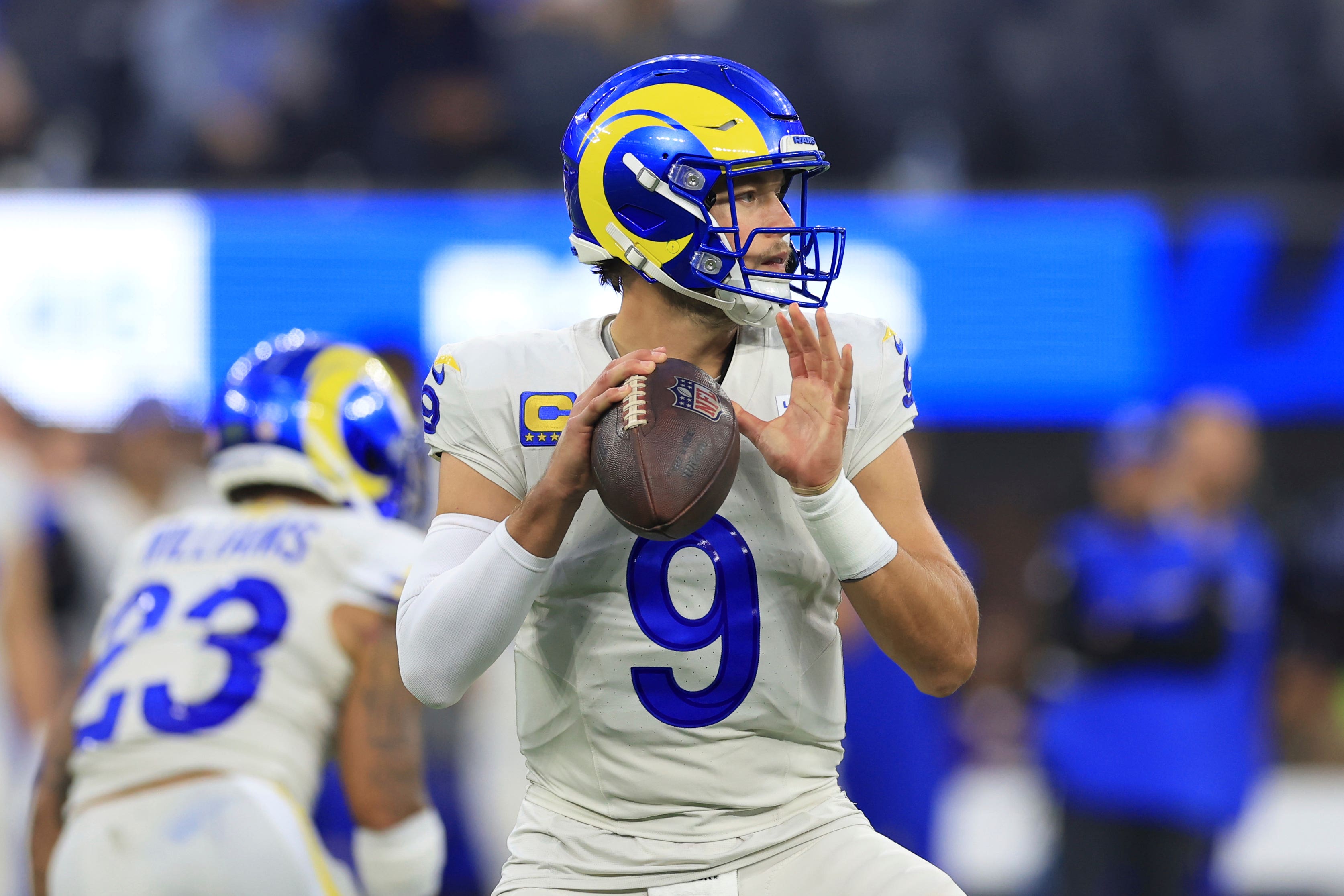 Los Angeles Rams quarterback Matthew Stafford looks to pass in the first half of the Thursday night game against the Minnesota Vikings (Ryan Sun/AP)