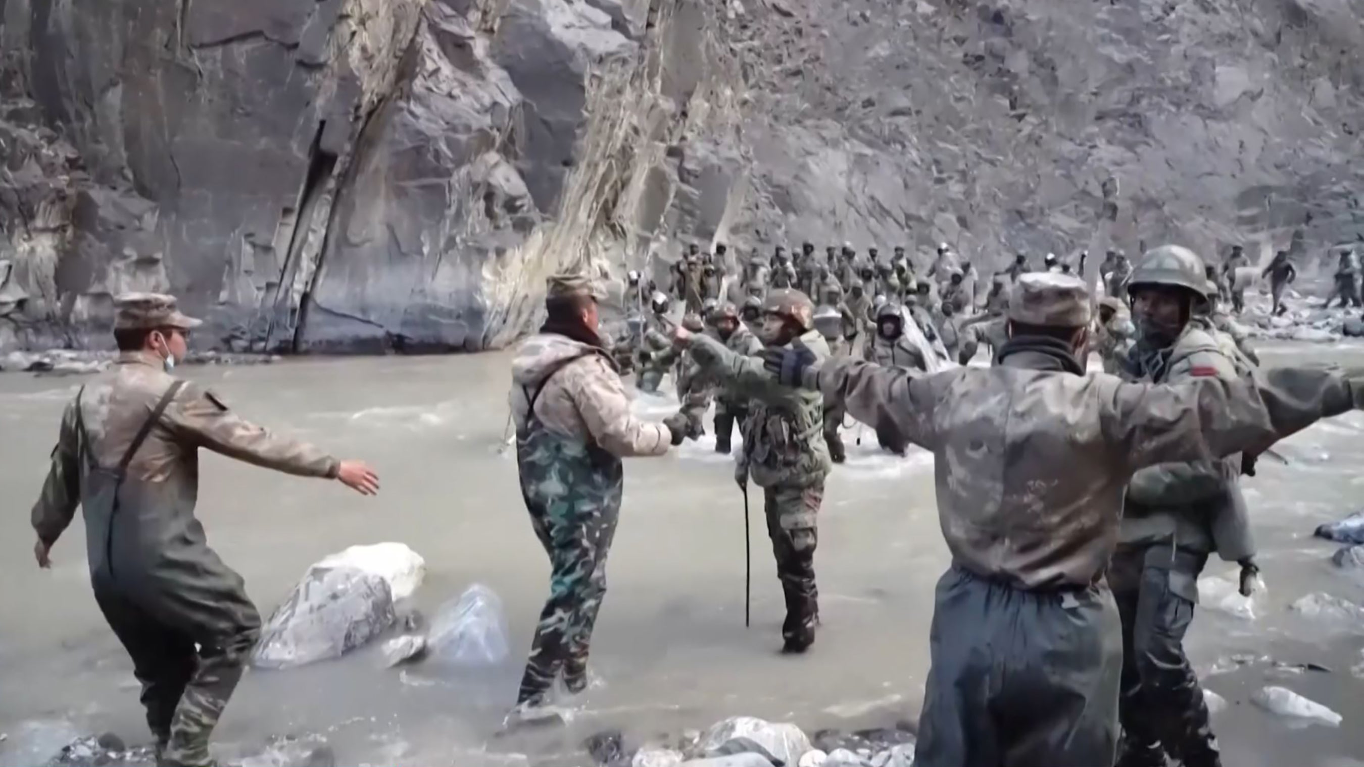 Footage from mid-June 2020 shows Chinese (foreground) and Indian soldiers (R, background) during an incident where troops from both countries clashed in the Line of Actual Control (LAC) in the Galwan Valley, in the Karakoram Mountains in the Himalayas