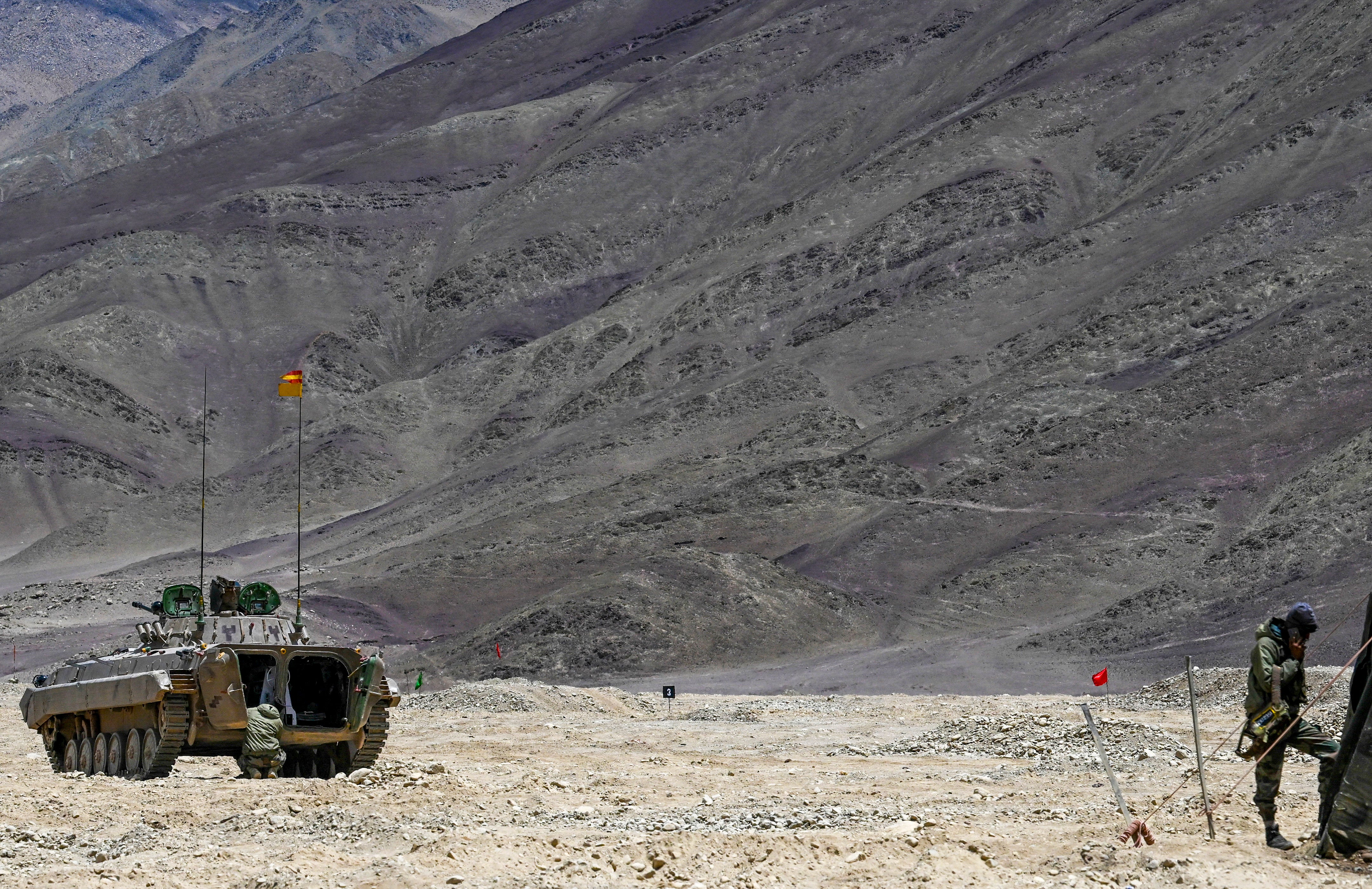 An armoured vehicle of the Indian army at a military camp in Eastern Ladakh