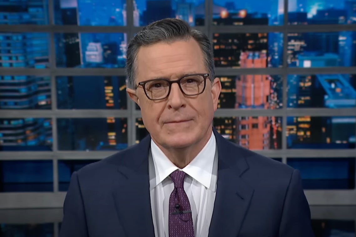 Stephen Colbert’s facial expression after showing his audience Tucker Carlson’s speech from a rally in Georgia this week