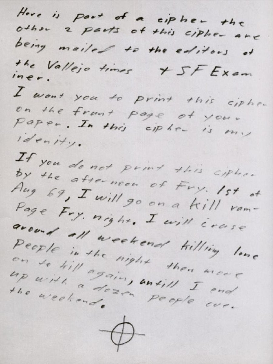 Along with the letters, there were ciphers that if decoded would allegedly identify the killer. Two ciphers remain uncoded as of 2024