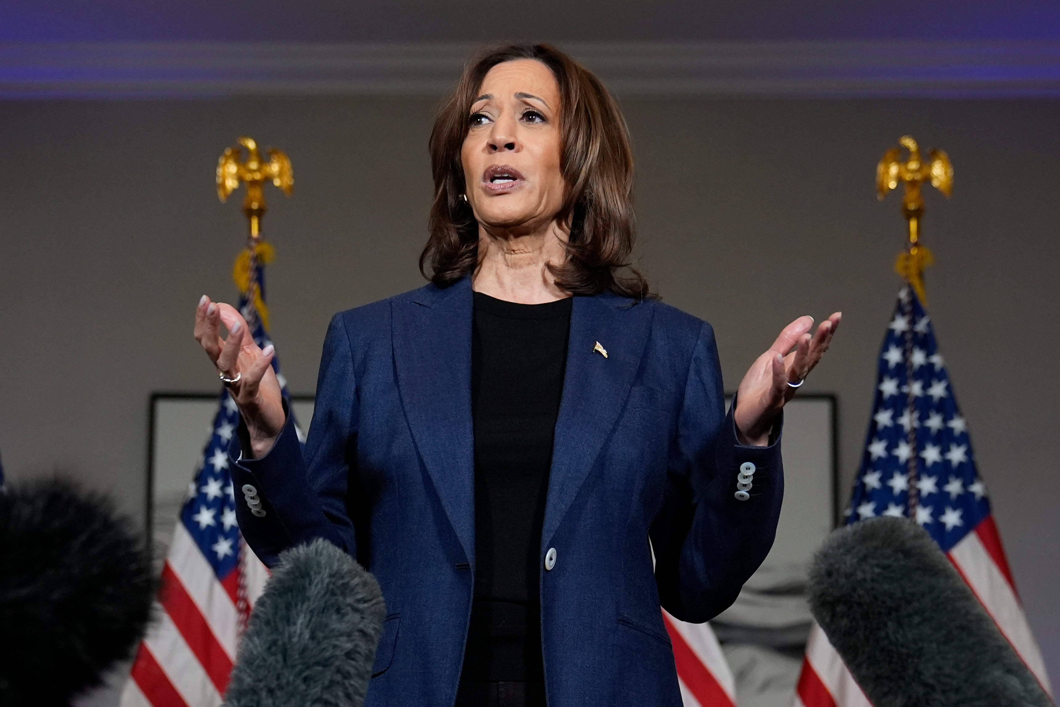 Democratic presidential nominee Vice President Kamala Harris speaks to reporters in Houston on Friday