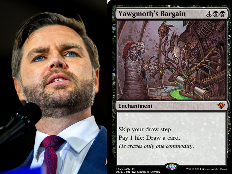 Left: Republican vice presidential candidate JD Vance. Right: the centerpiece of his teenage Magic: The Gathering deck