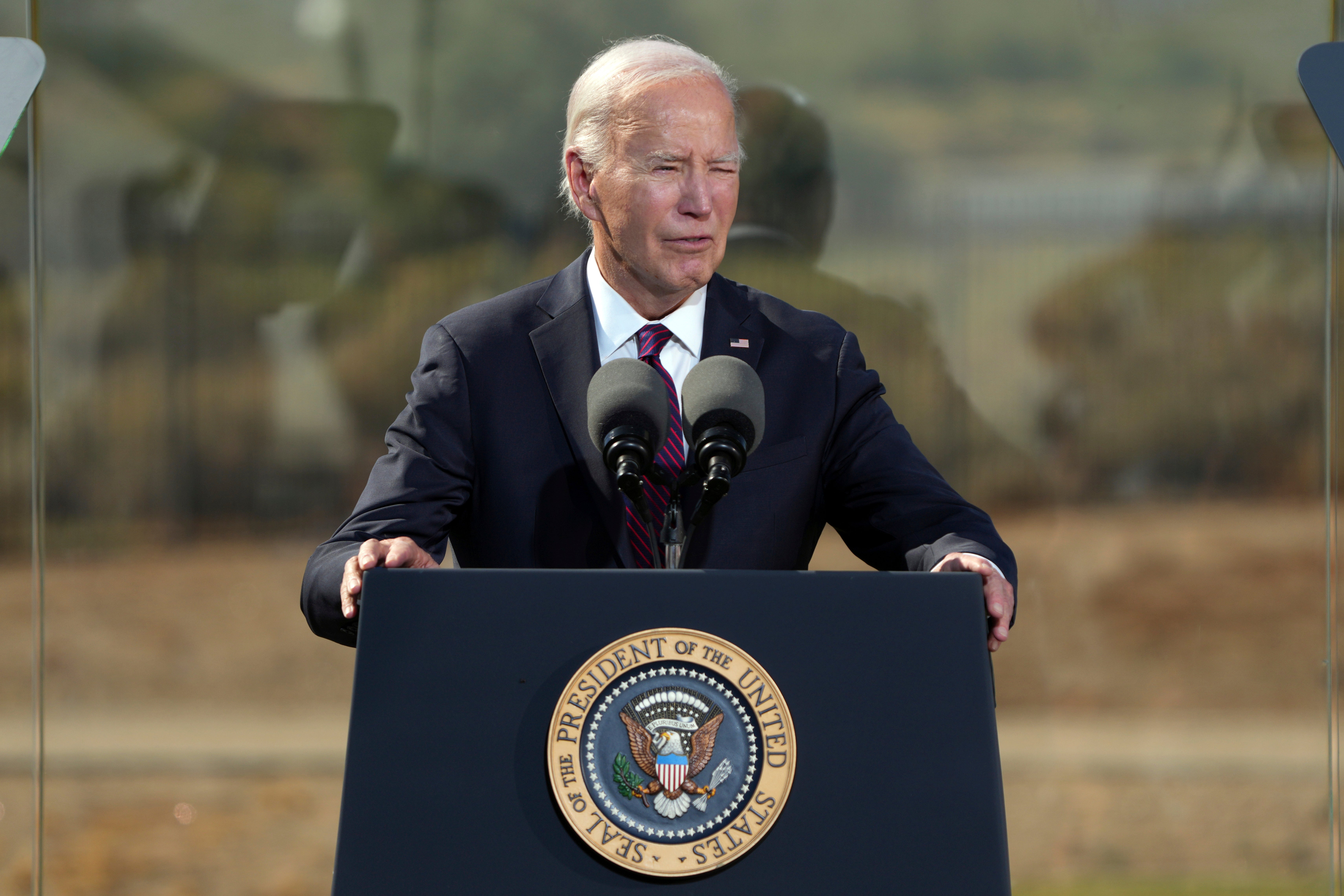 President Joe Biden speaks at the Gila Crossing Community School, Friday, Oct. 25, 2024, in Laveen, Ariz. (AP Photo/Rick Scuteri)