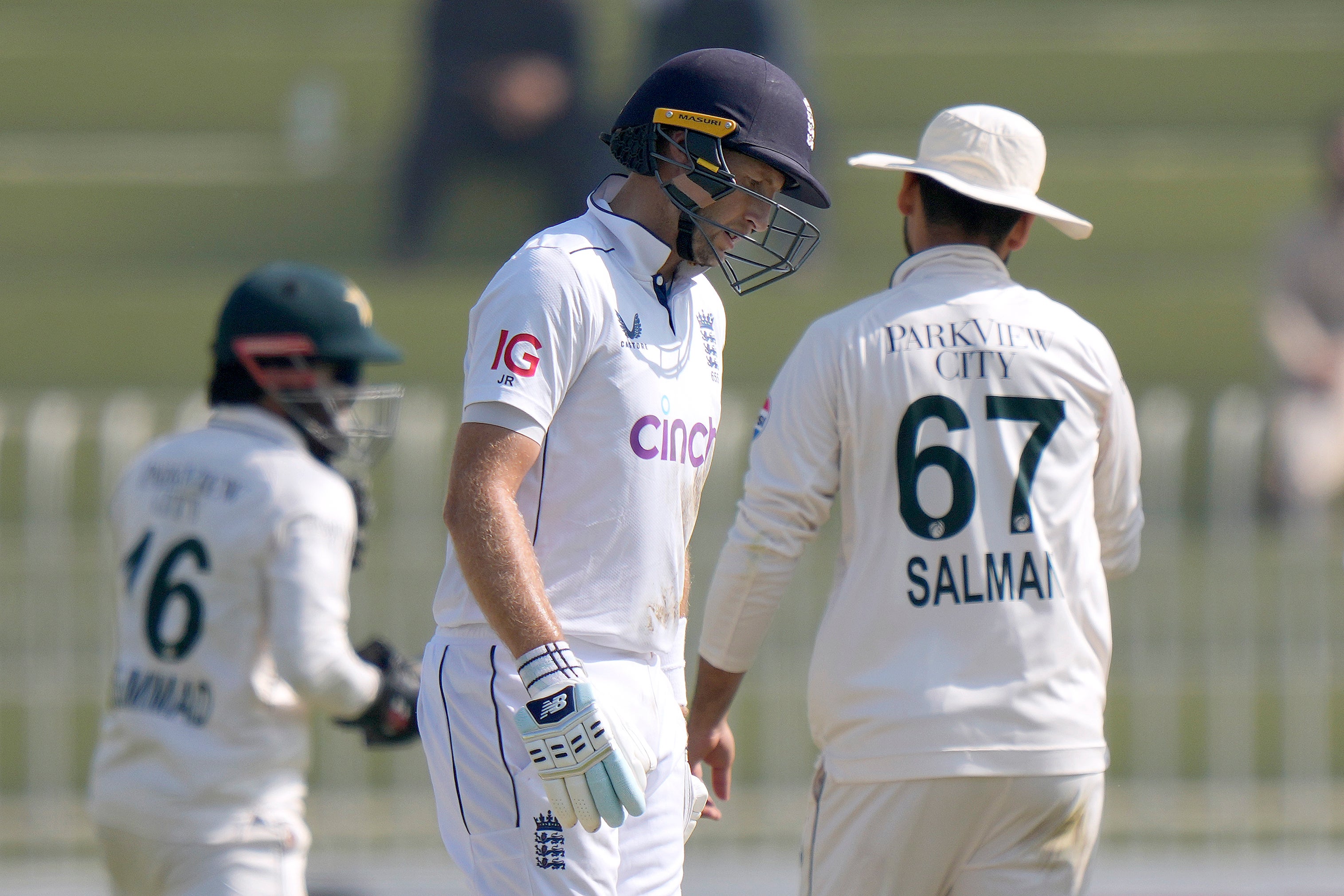 Joe Root was the last of England’s recognised batters to be dismissed (Anjum Naveed/AP)