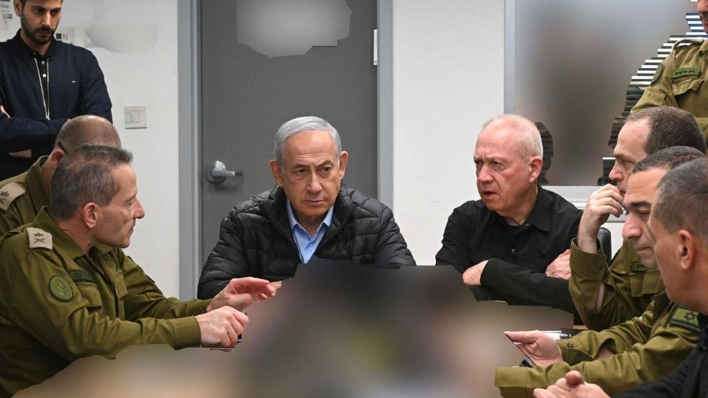 Prime minister Benjamin Netanyahu attends a meeting in the command centre of the defence ministry in Tel Aviv