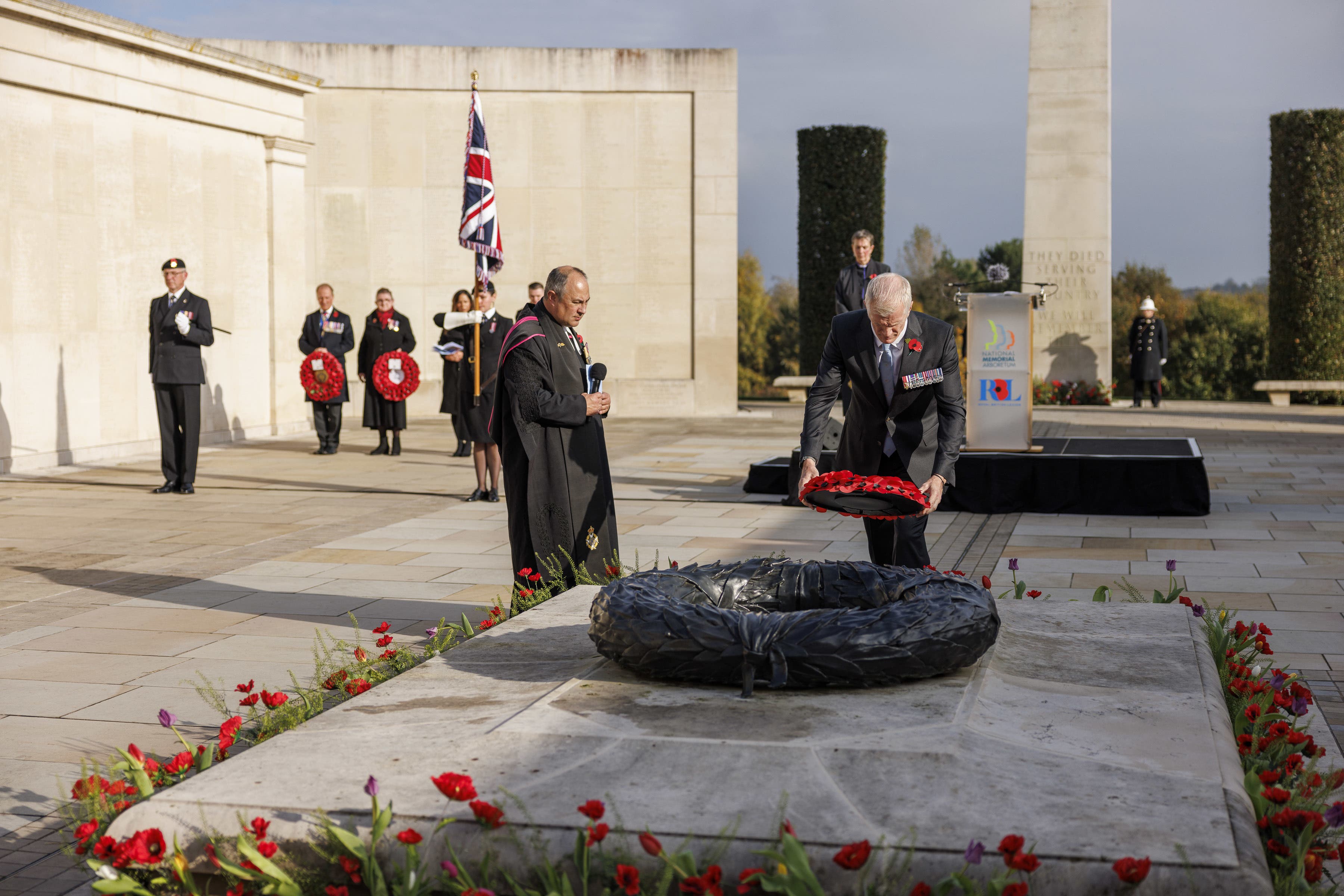 Minister for veterans and people Al Carns laying a wreath at the National Memorial Arboretum, Staffordshire, to mark 10 years since the end of UK combat operations in Afghanistan (Petty Officer Joel Rouse/UK MOD Crown Copyright/PA)