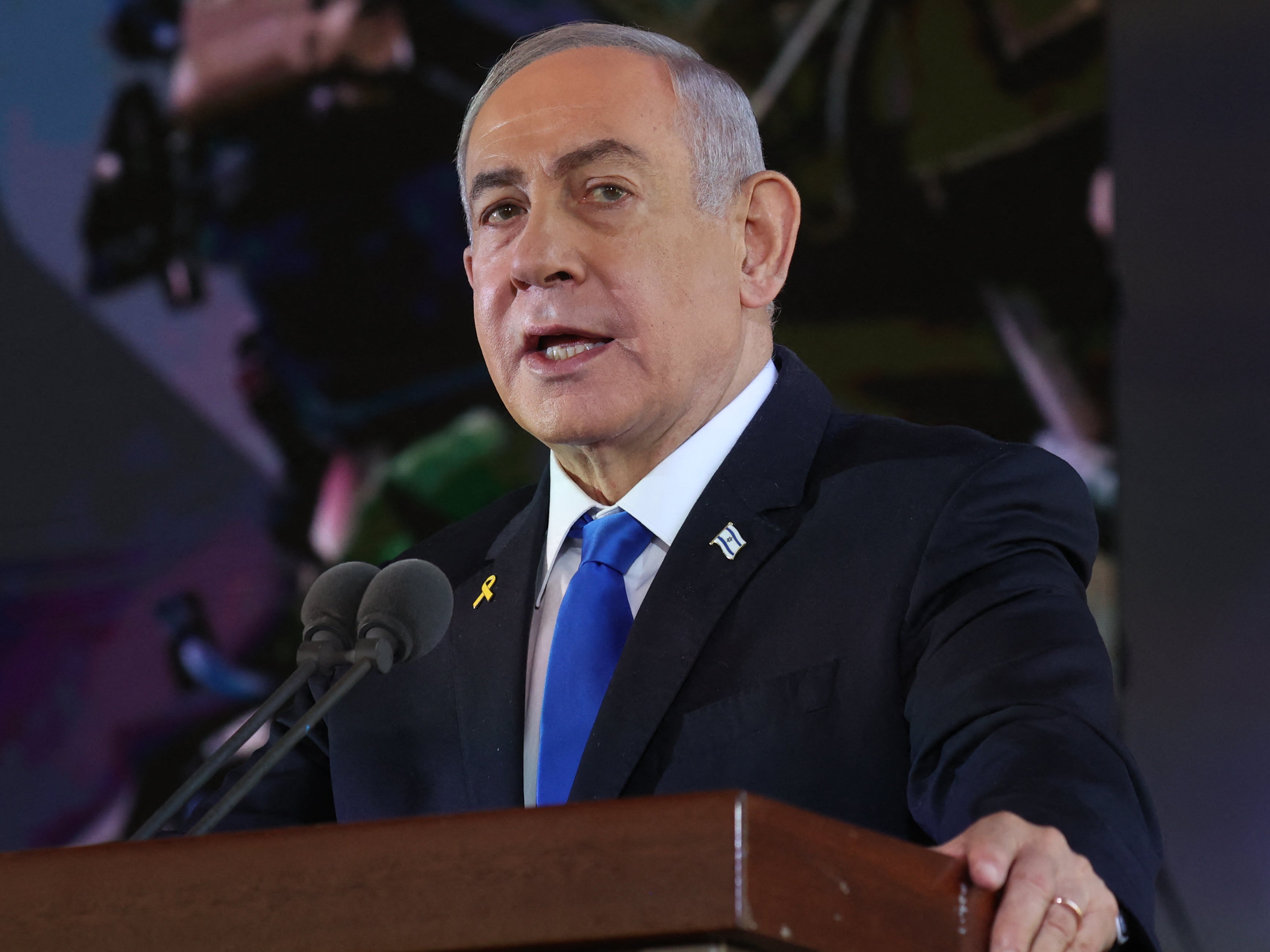 Israel’s prime minister Benjamin Netanyahu, pictured at a ceremony marking the 7 October attacks, said his forces hit Iran’s defence capabilities ‘hard’