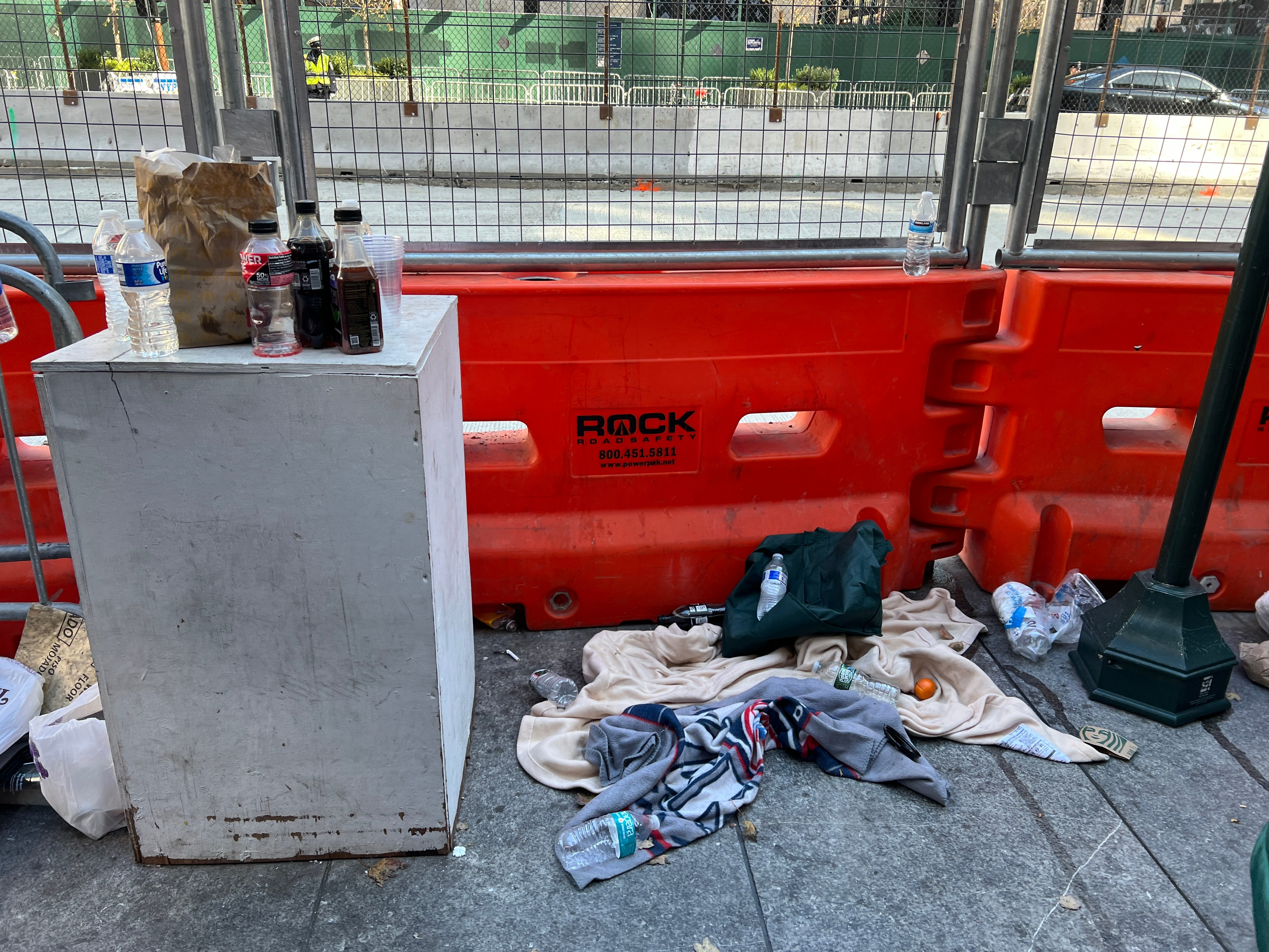 Piles of blankets, food, lawn chairs and other trash were left outside of MSG by Trump supporters who camped out overnight