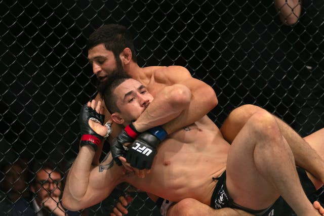 <p>Robert Whittaker (bottom) was submitted by Khamzat Chimaev in round one</p>