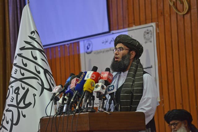 <p>Taliban’s minister for the propagation of virtue and the prevention of vice Mohammad Khalid Hanafi speaks during a ceremony announcing a dress code from women in Kabul on 7 May 2022</p>