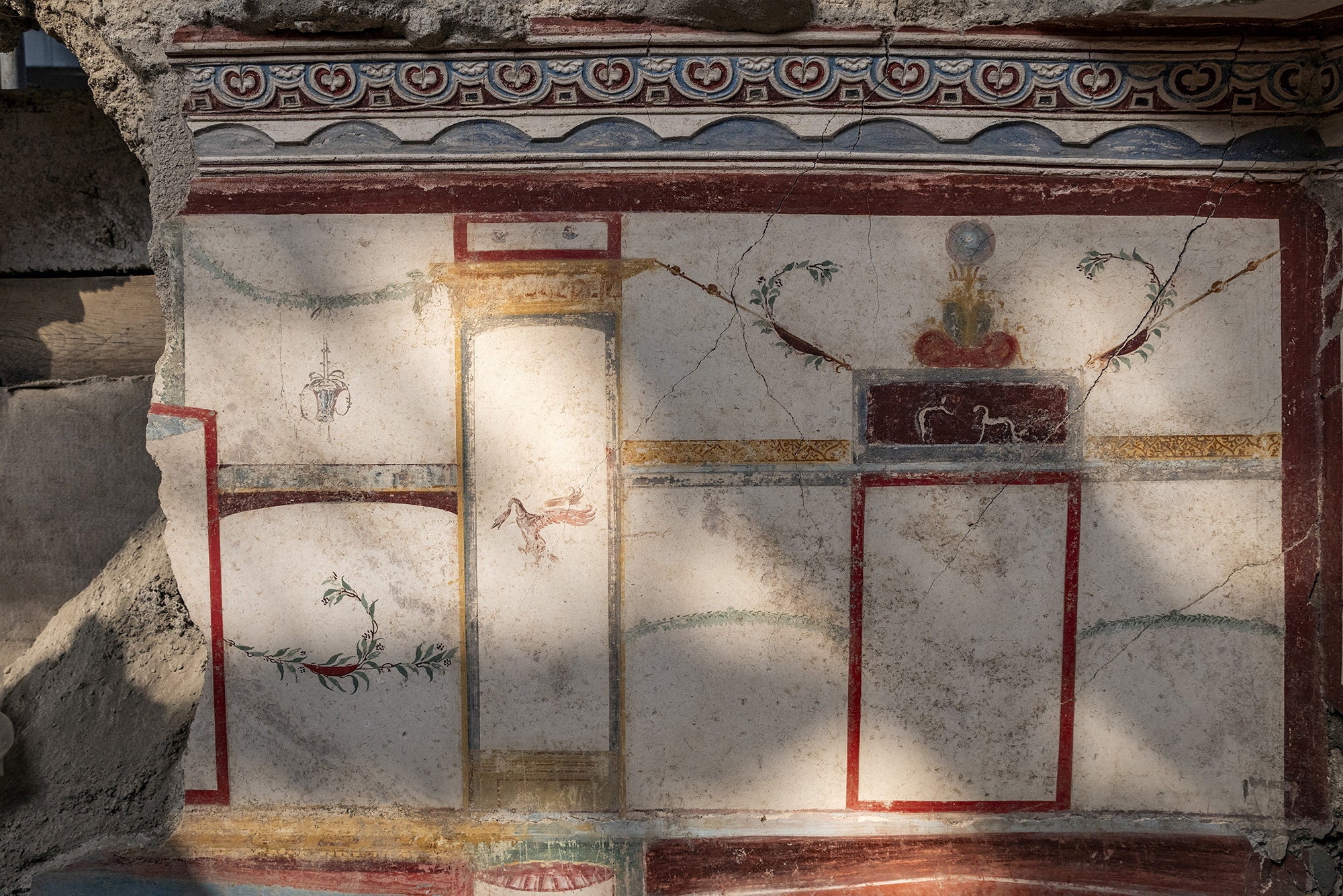 A wall is decorated with intricate natural patterns at the archaeological site.