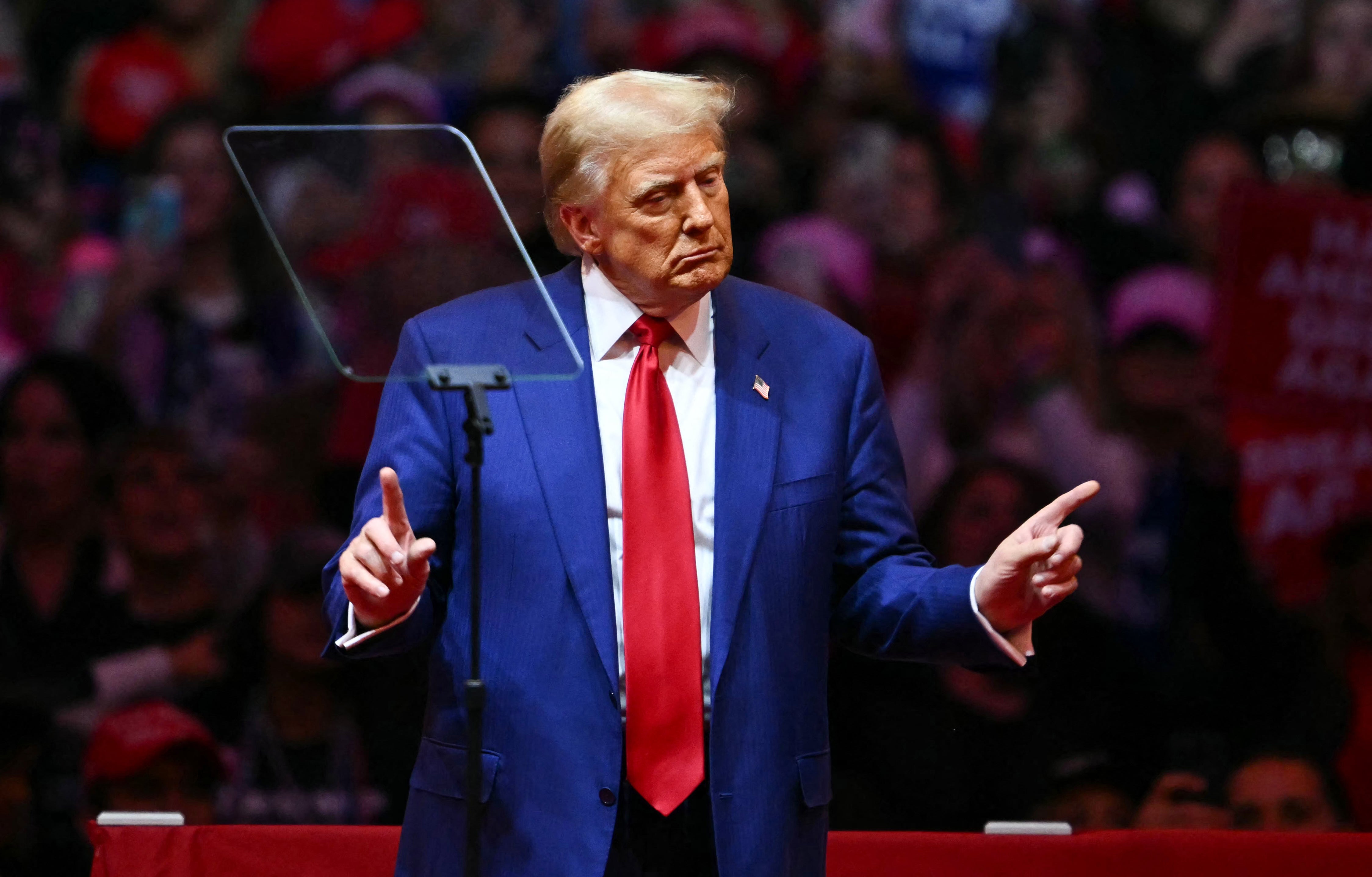 Donald Trump dances at the end of a campaign rally at Madison Square Garden in New York, October 27, 2024. Trading in the media company he majority-owns was halted three times on Election Day