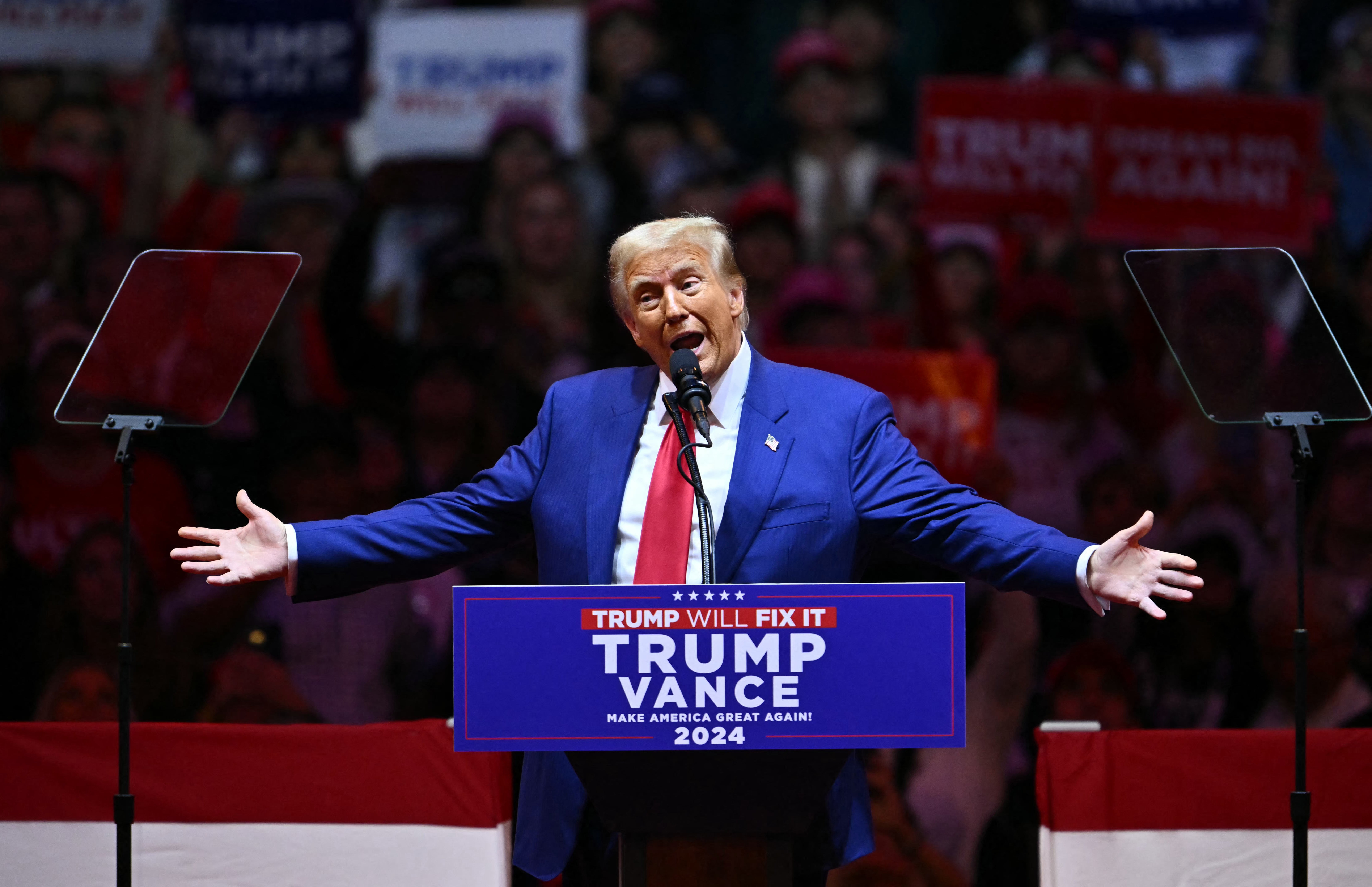 Trump speaks during a campaign rally at Madison Square Garden in New York on Sunday