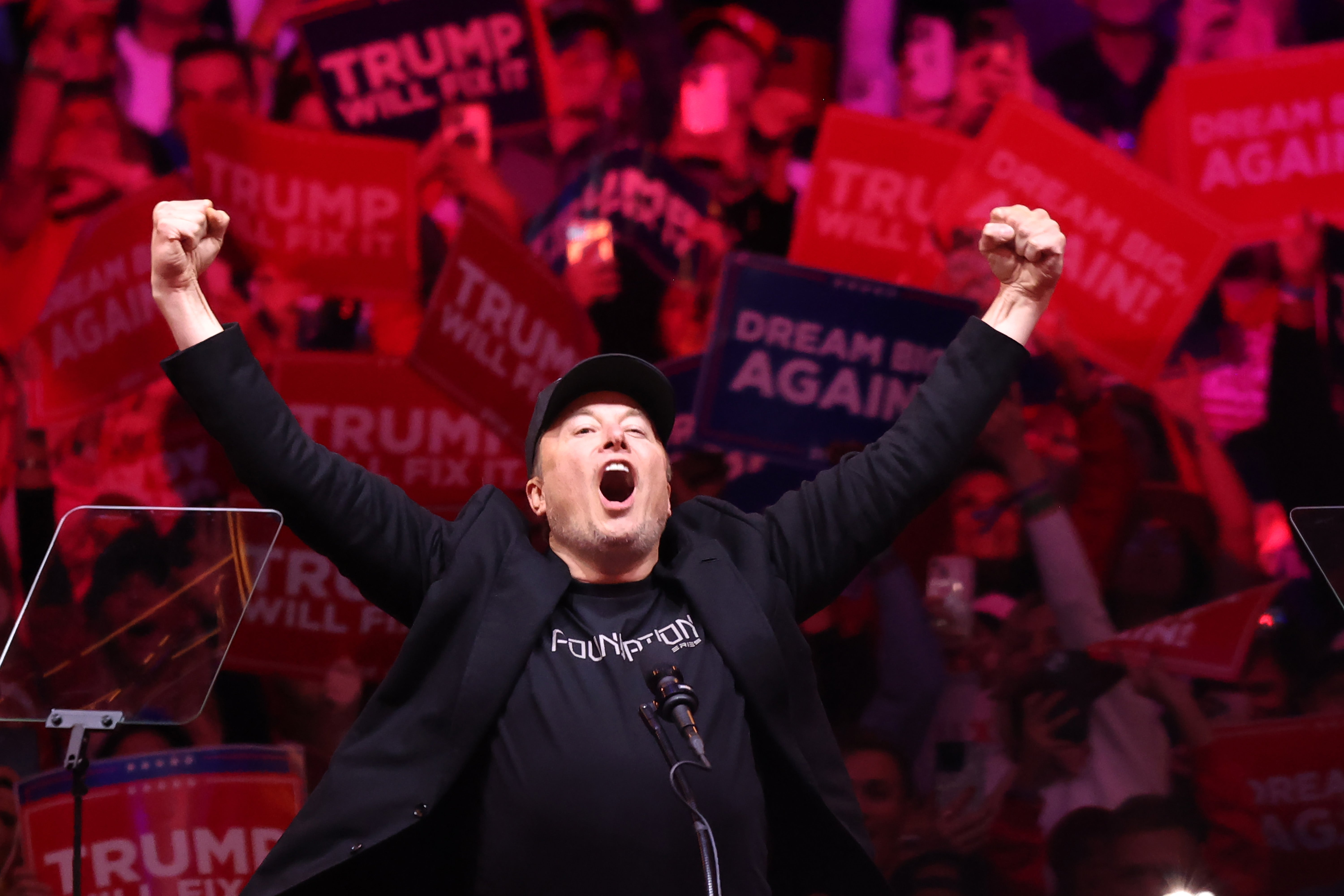 Elon Musk raises his arms as he works the crowd at Trump’s Madison Square Garden rally