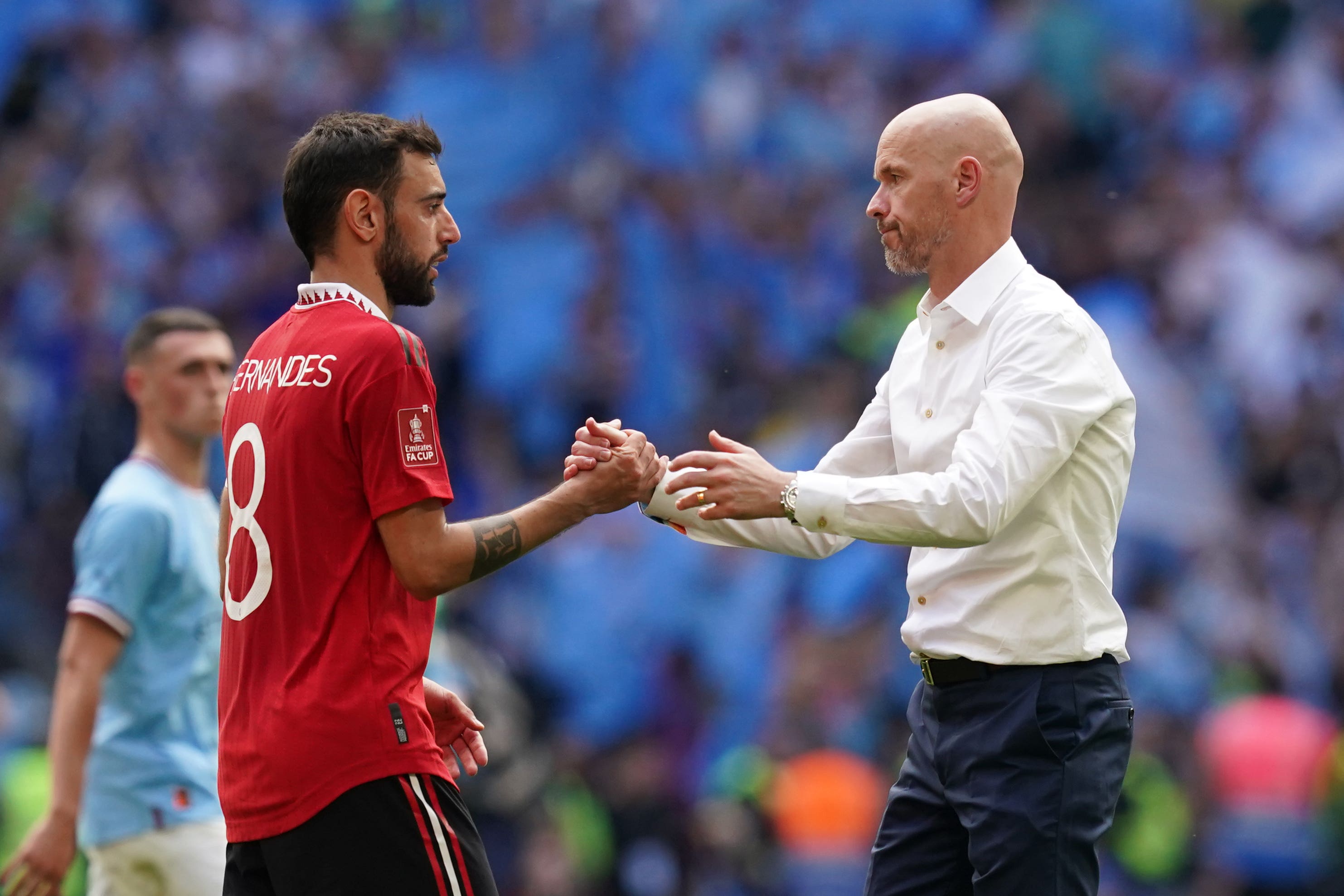 Bruno Fernandes, left, has thanked Erik ten Hag ‘for everything’ after the Dutchman was sacked by Manchester United (Martin Rickett/PA)