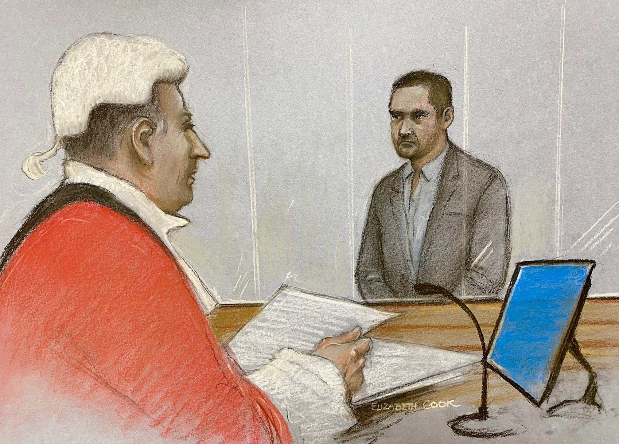 Court artist drawing by Elizabeth Cook of Tommy Robinson