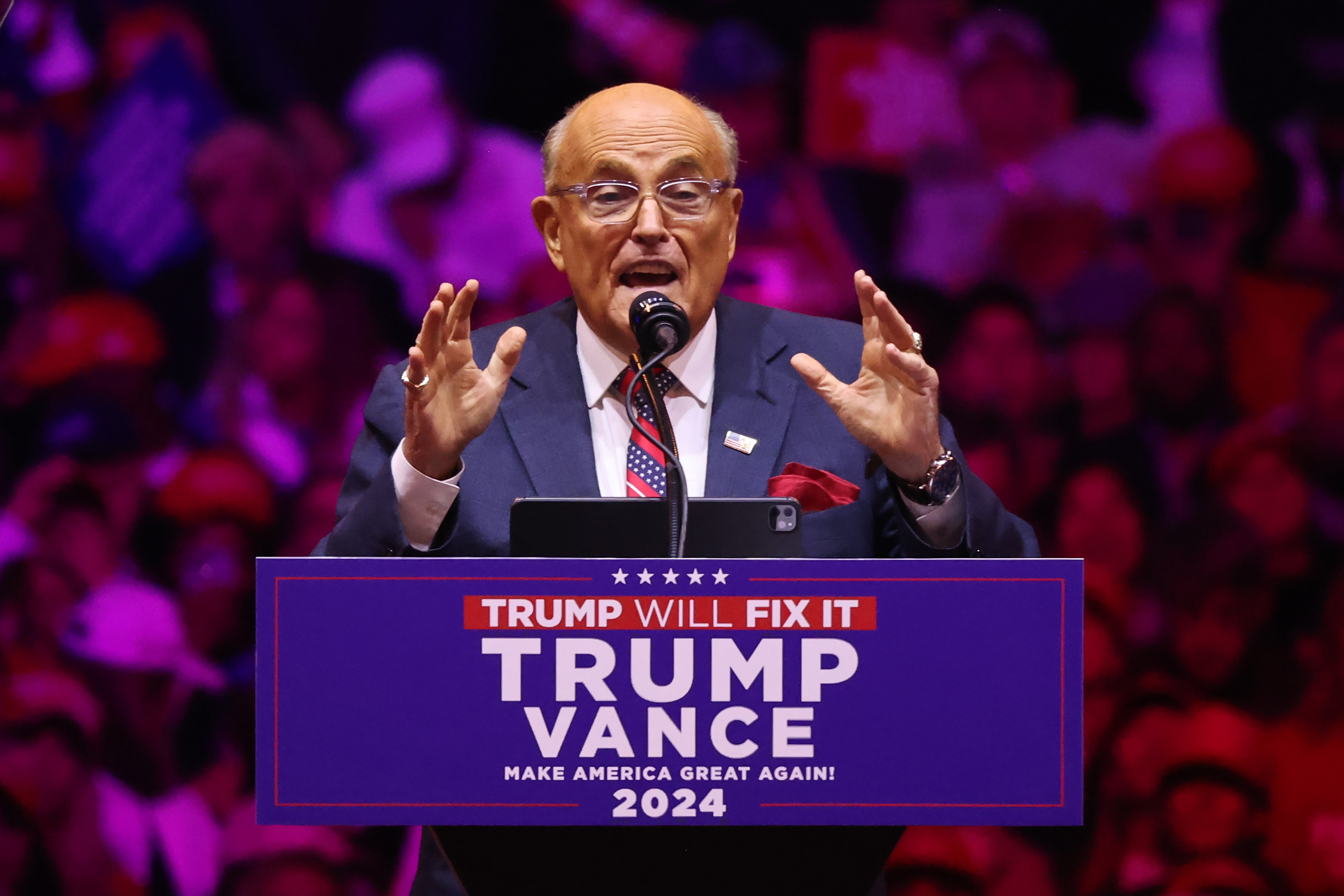 Rudy Giuliani addresses a crowd inside Madison Square Garden on October 27