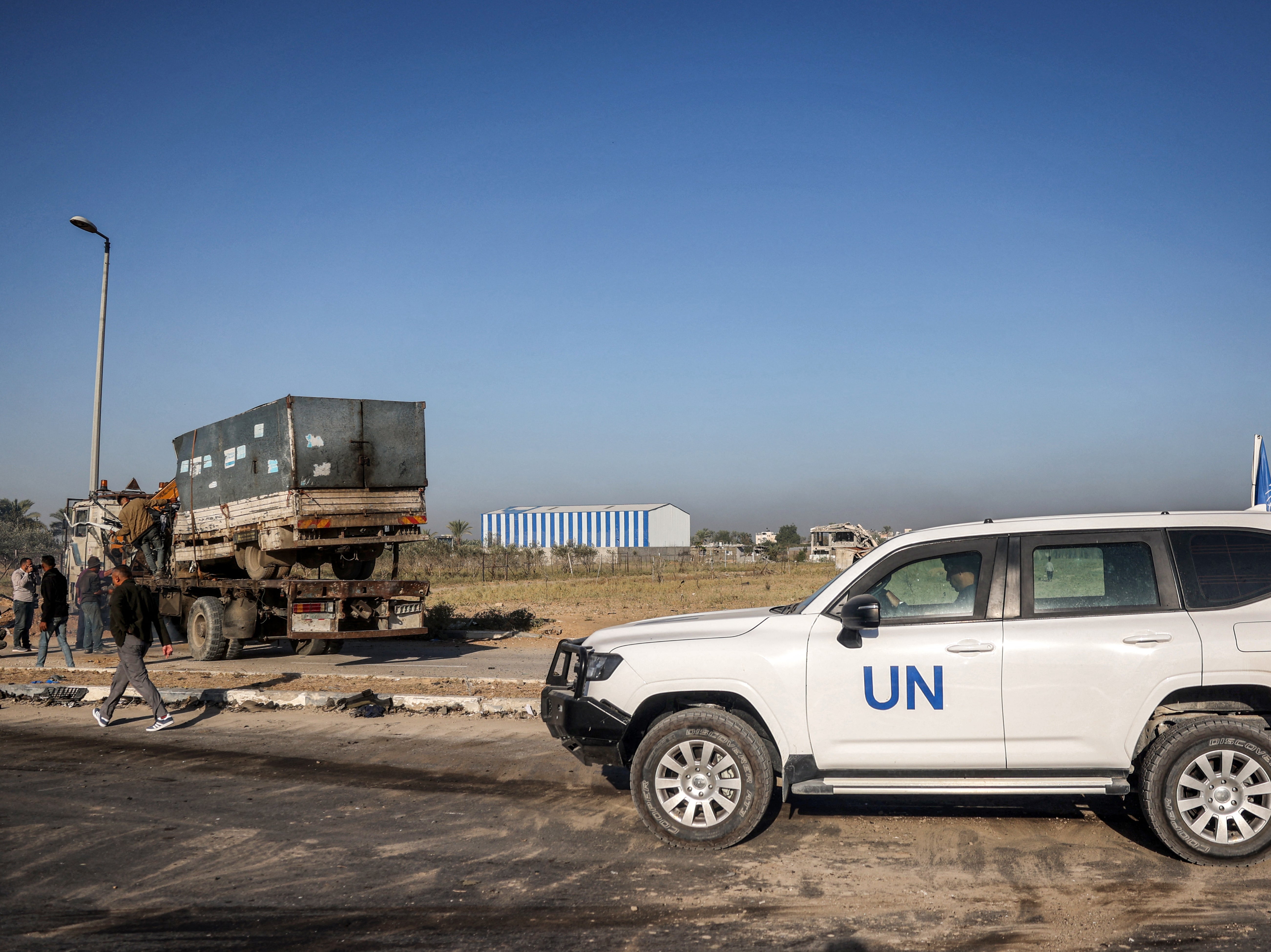 A UN vehicle is parked along outside Deir el-Balah in the centre of the Gaza Strip on 23 October 2024