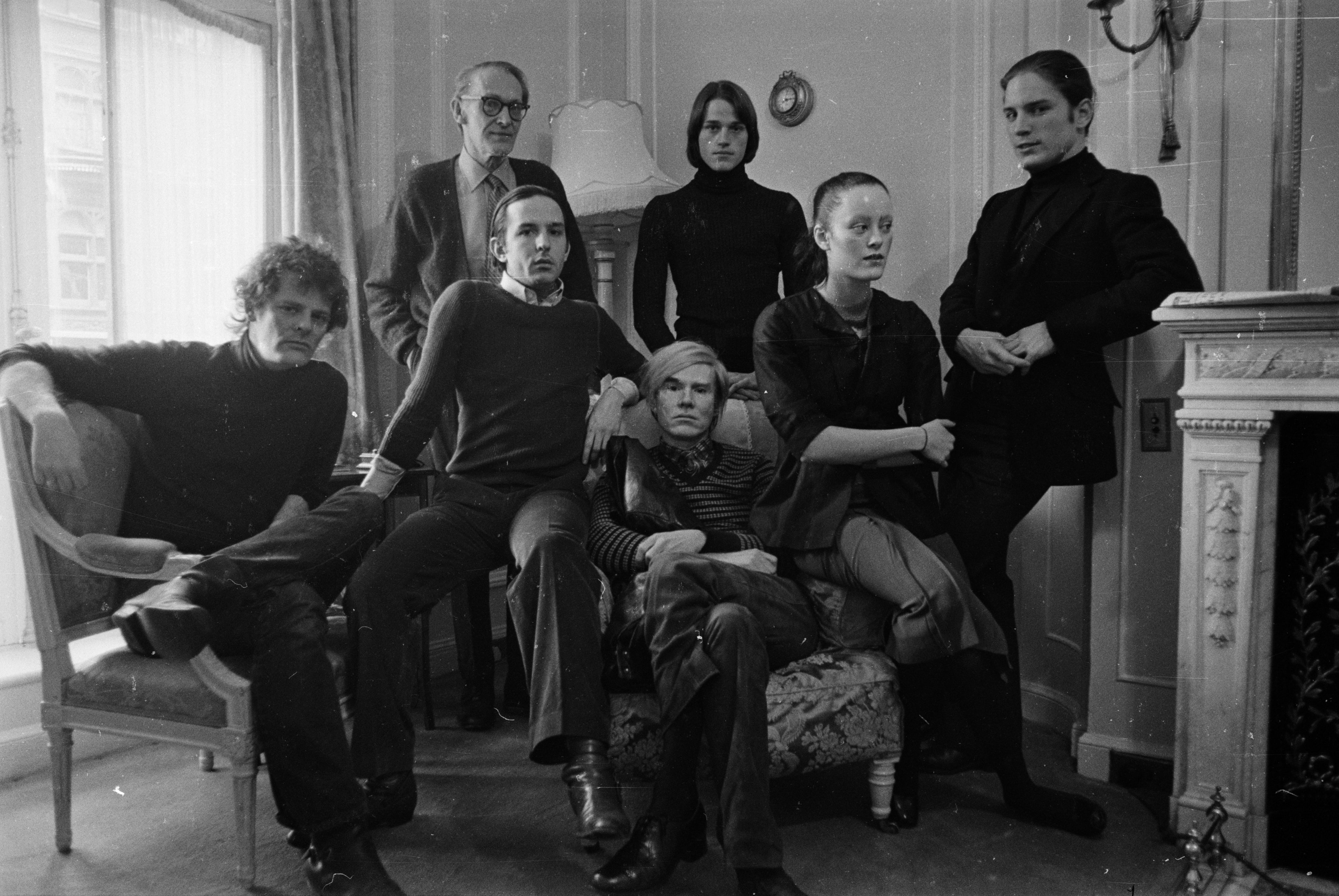 Paul Morrissey, Maurice Bradell, Fred Hughes, Jed Johnson, Jane Forth, Joe Dallesandro, and Andy Warhol in London in 1971 to promote 'Trash’