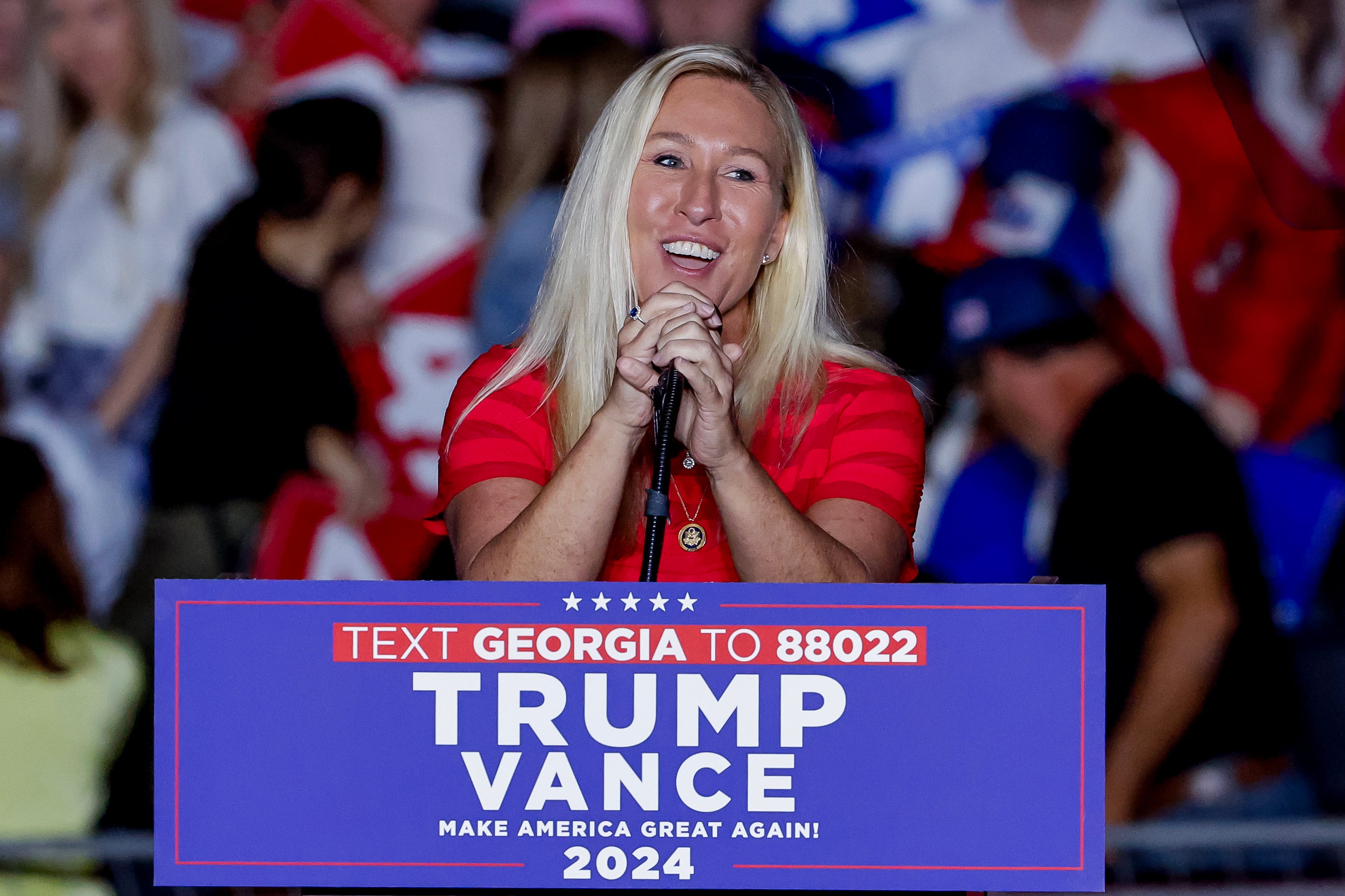 Marjorie Taylor Greene speaks at a campaign event at McCamish Pavillion on the campus of Georgia Tech in Atlanta, Georgia, on 28 October