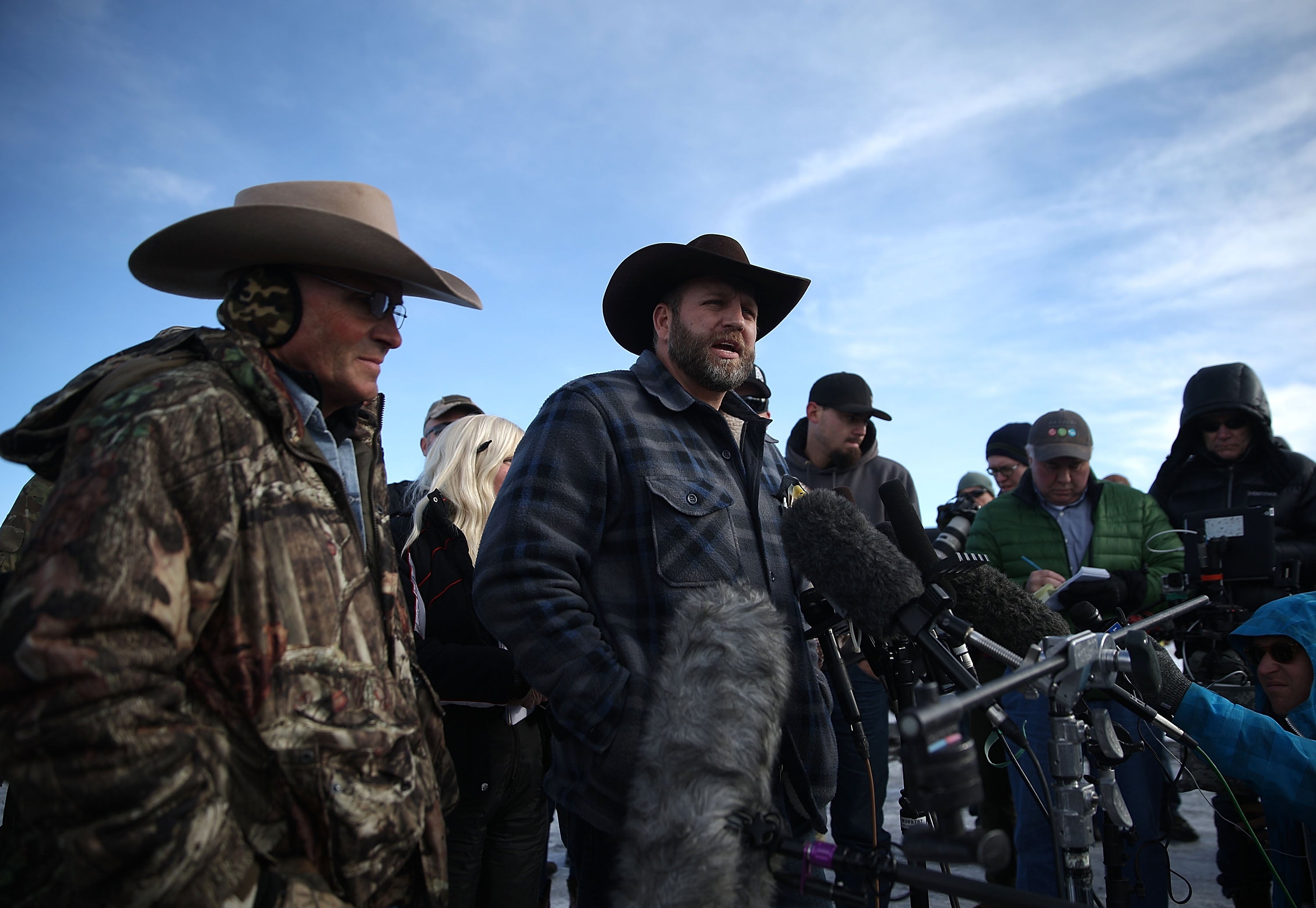 Ammon Bundy speaks to members of the media in front of the Malheur National Wildlife Refuge Headquarters on January 6, 2016 near Burns, Oregon.