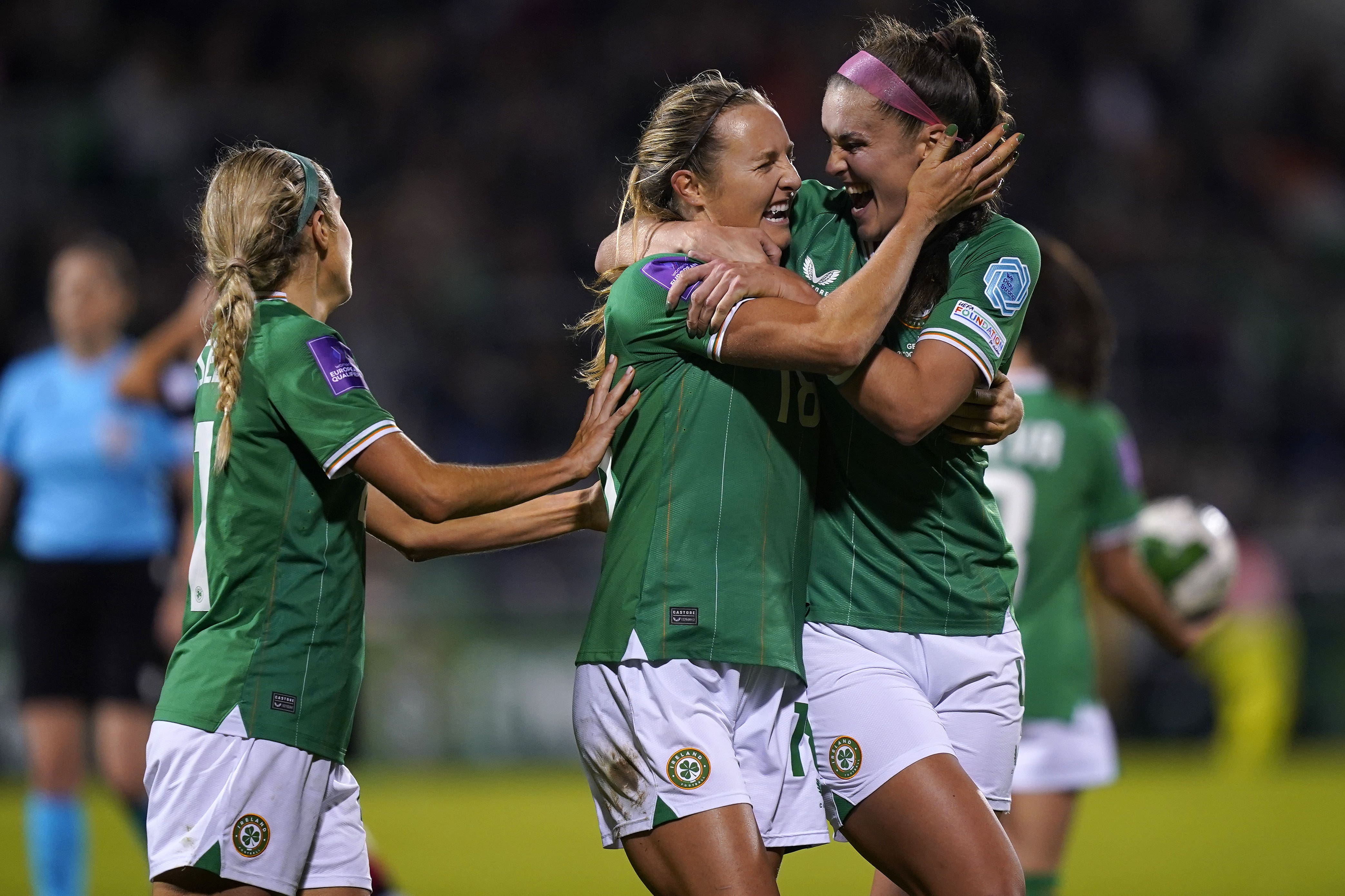 Kyra Carusa, centre, celebrates scoring the Republic of Ireland’s second goal against Georgia (Niall Carson/PA)