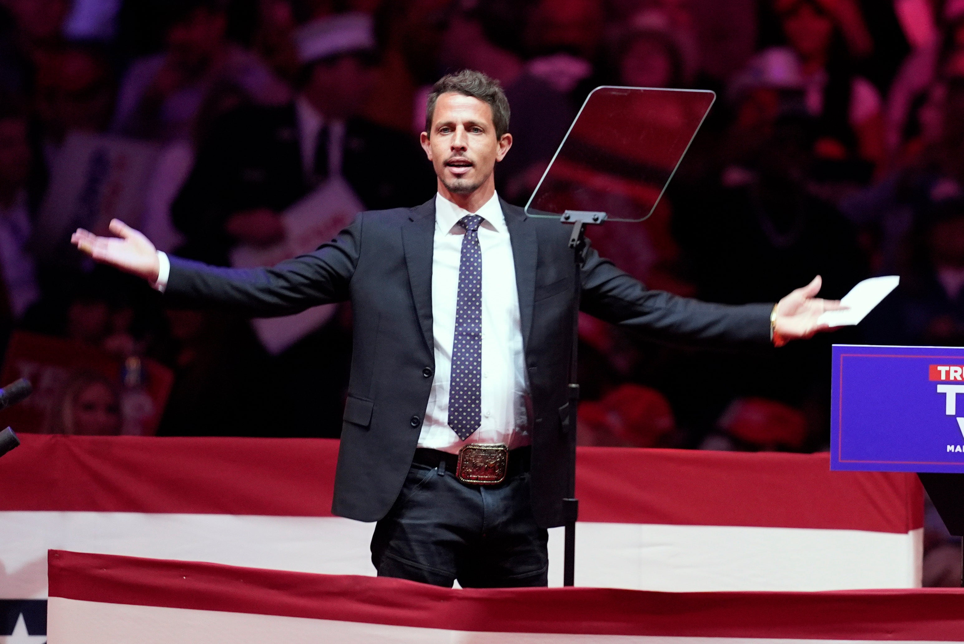 Tony Hinchcliffe speaks before Donald Trump during a campaign rally at Madison Square Garden on Sunday