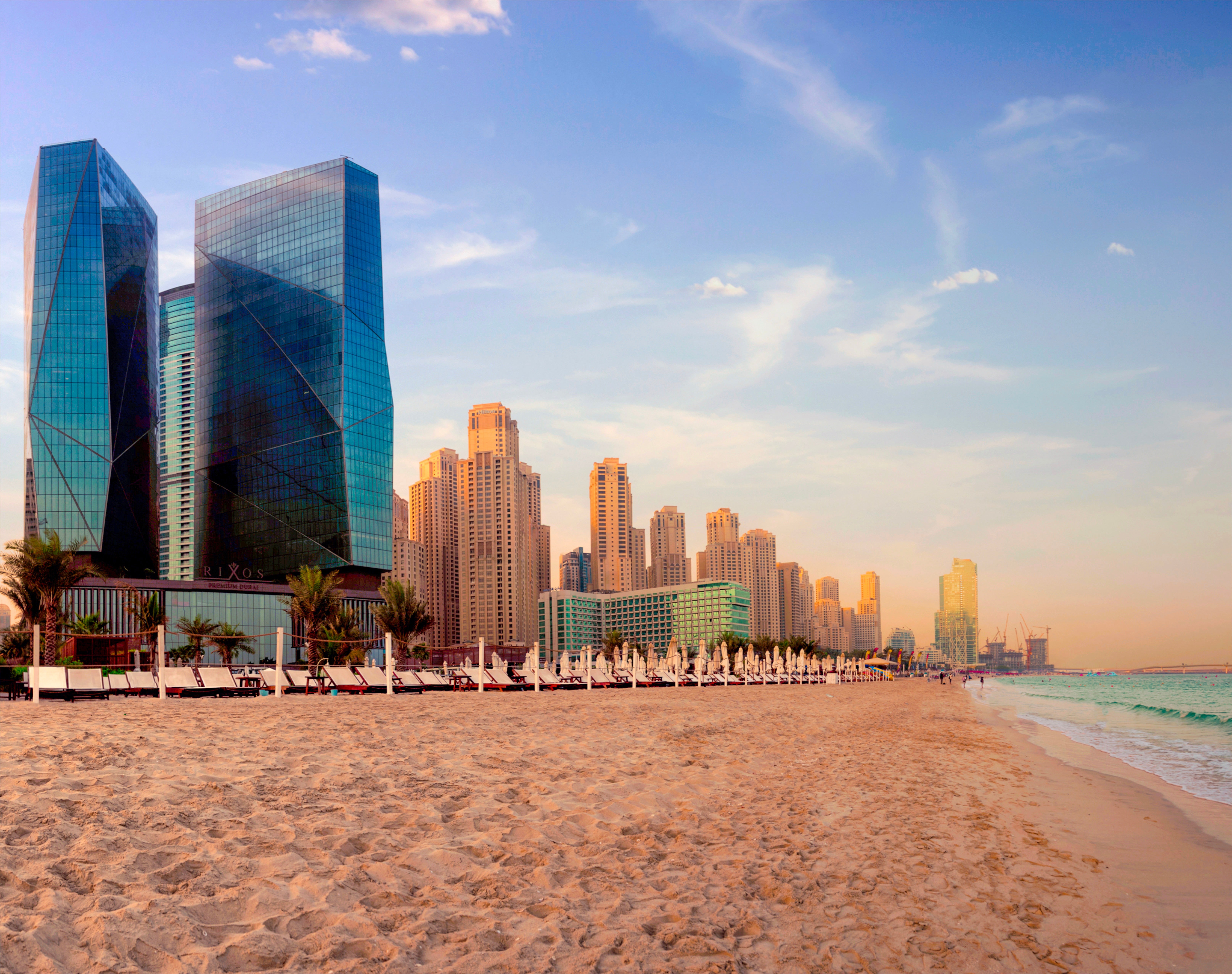 The two crystal towers sit on the hotel’s own section of beach with views across the Persian Gulf