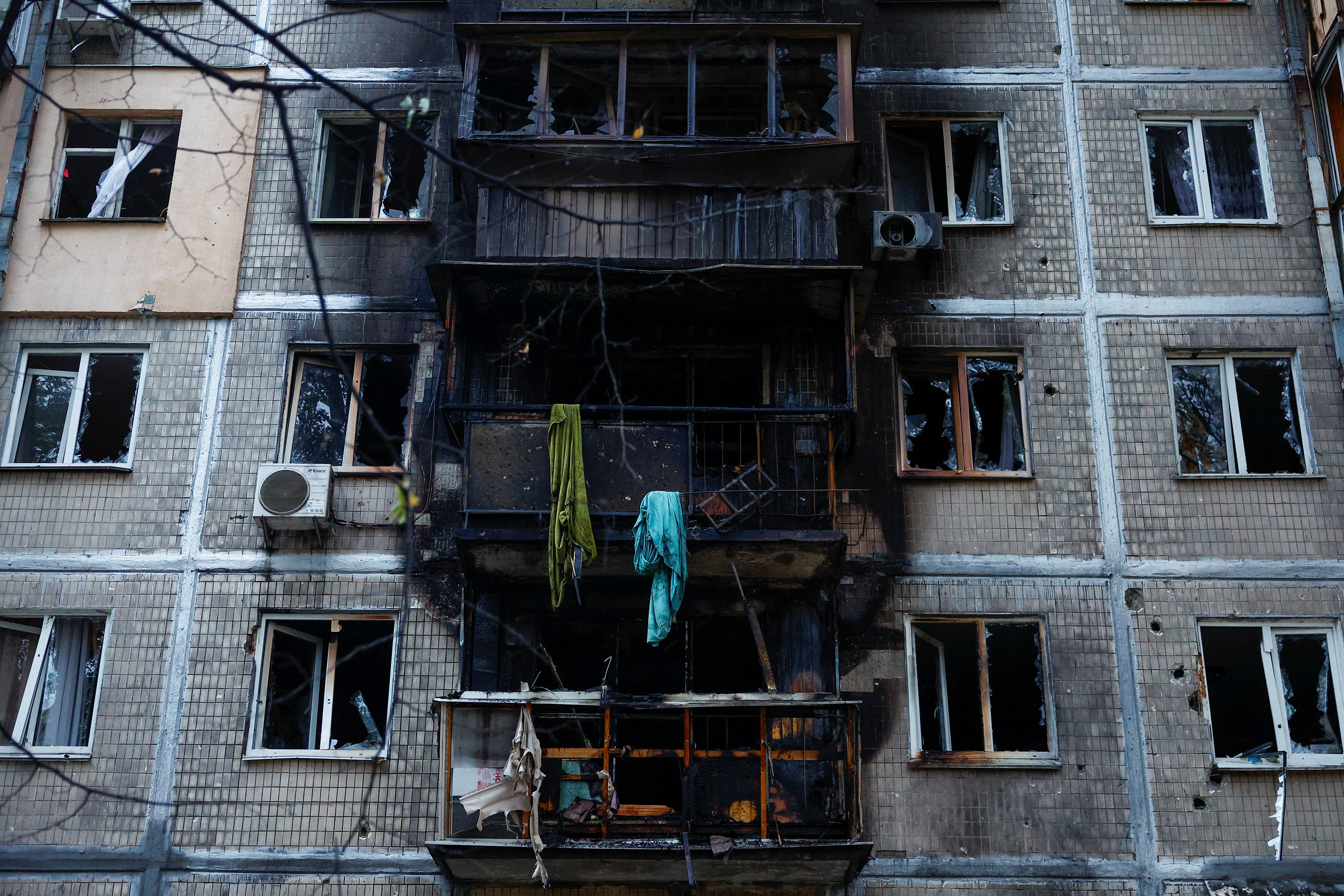 An apartment building damaged by a Russian drone strike in Kyiv