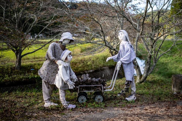 <p>This photo taken on 20 October 2024 shows puppets in the village of Ichinono, one of the ‘puppet villages’ in Japan created to ease the lonesome feelings due to depopulation</p>