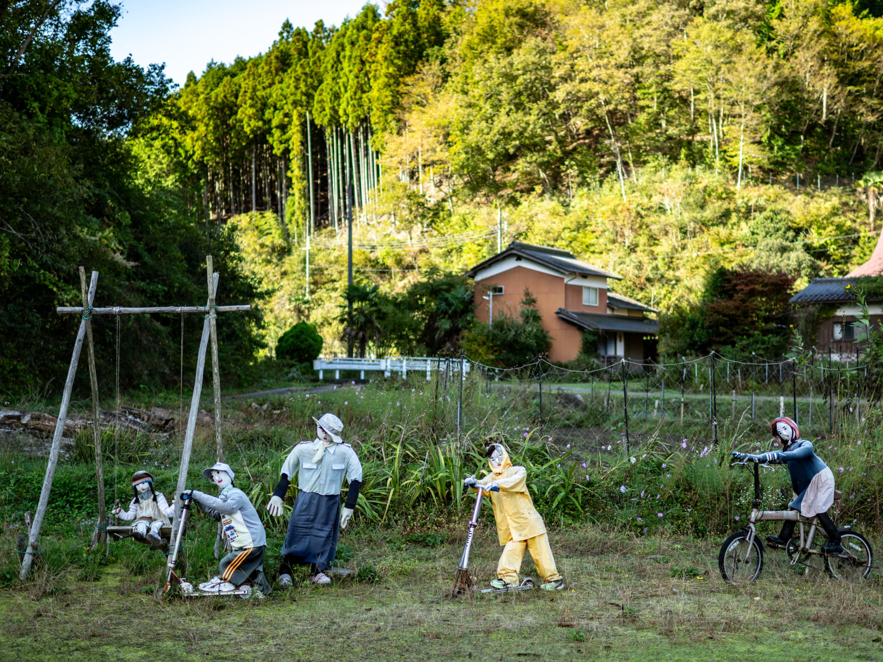 This photo taken on 21 October 2024 shows puppets in the village of Ichinono, one of the ‘puppet villages’ in Japan