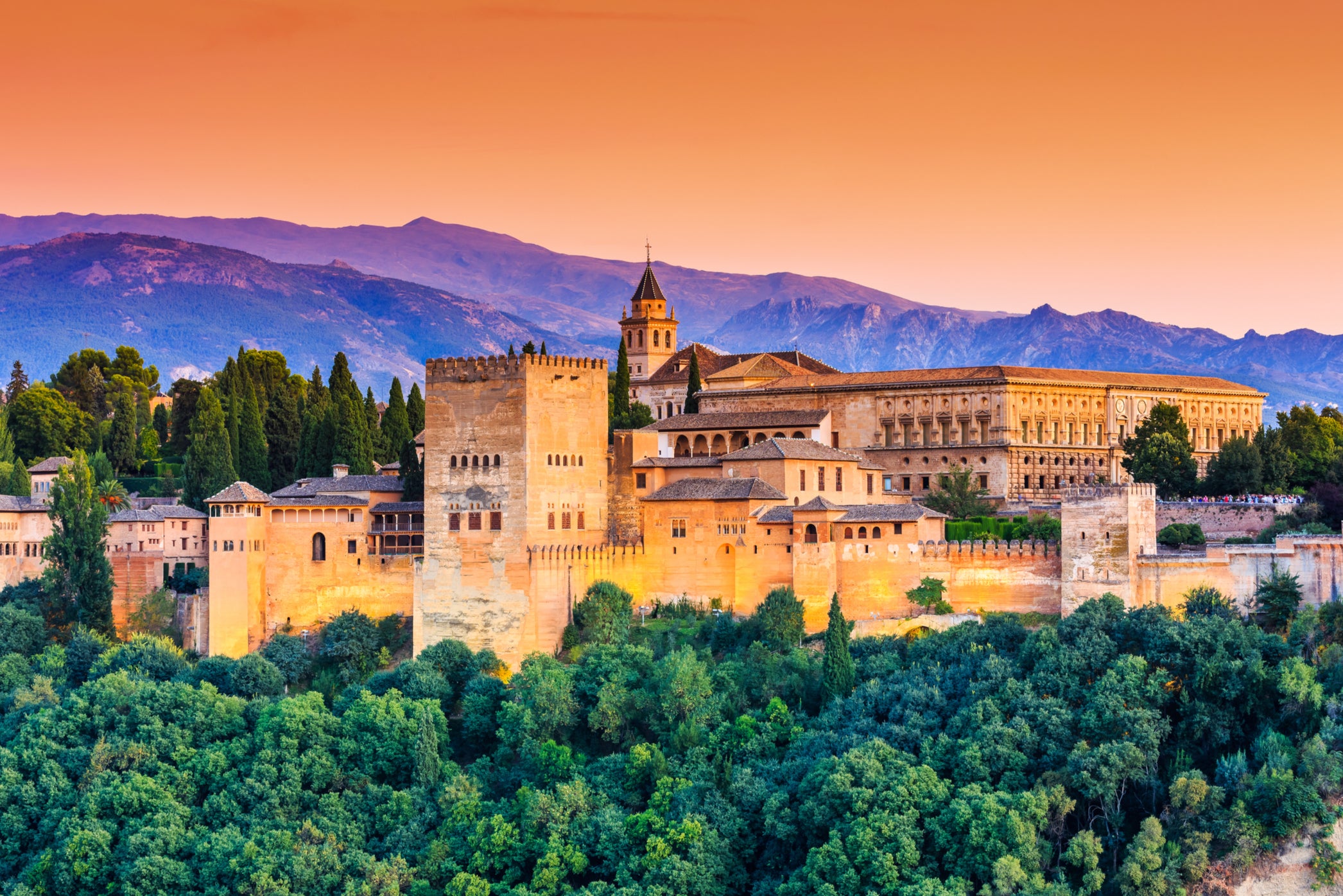 Alhambra fortress at sunset in Granada