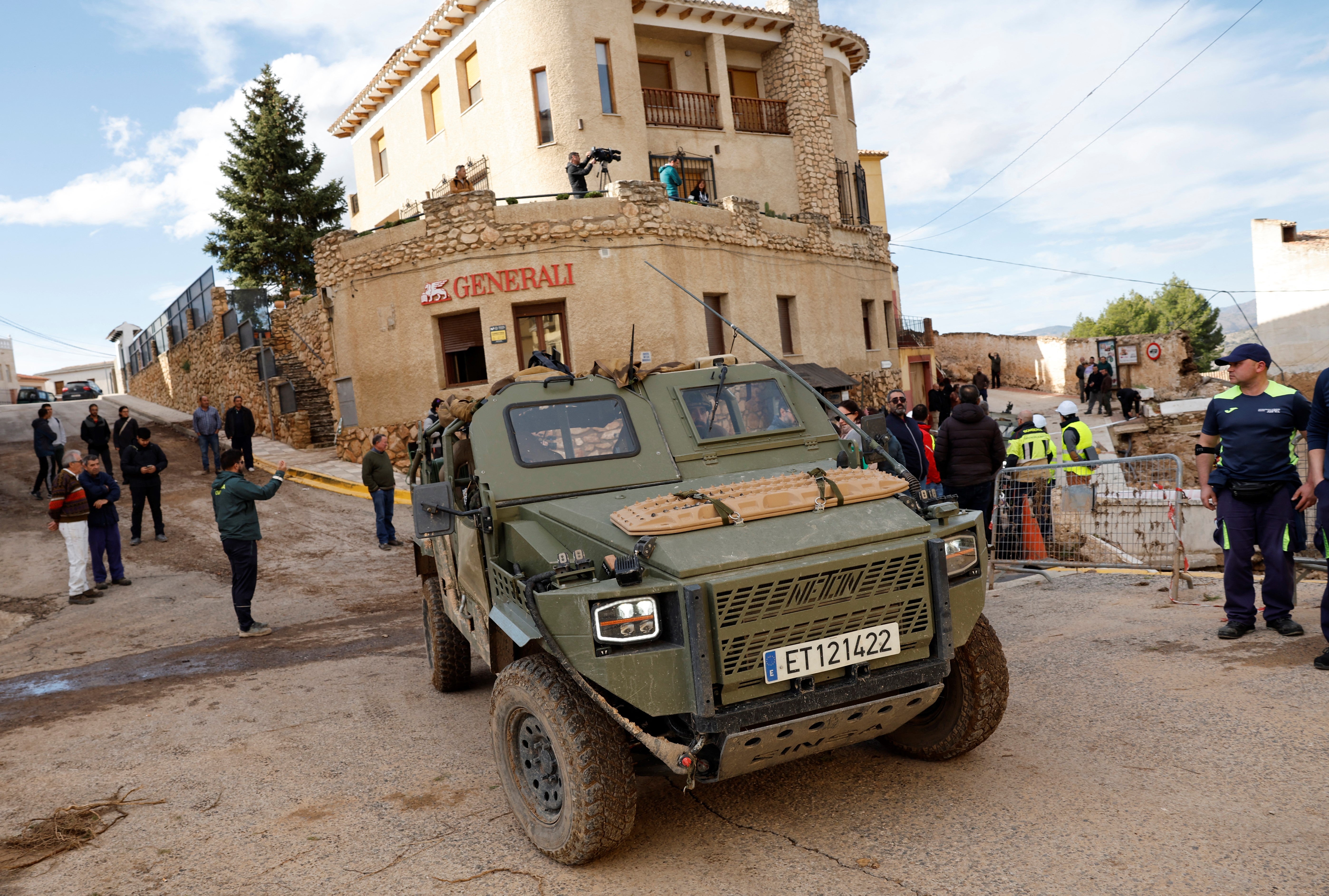 A military vehicle in a street following floods in Letur, southwest of Valencia, eastern Spain