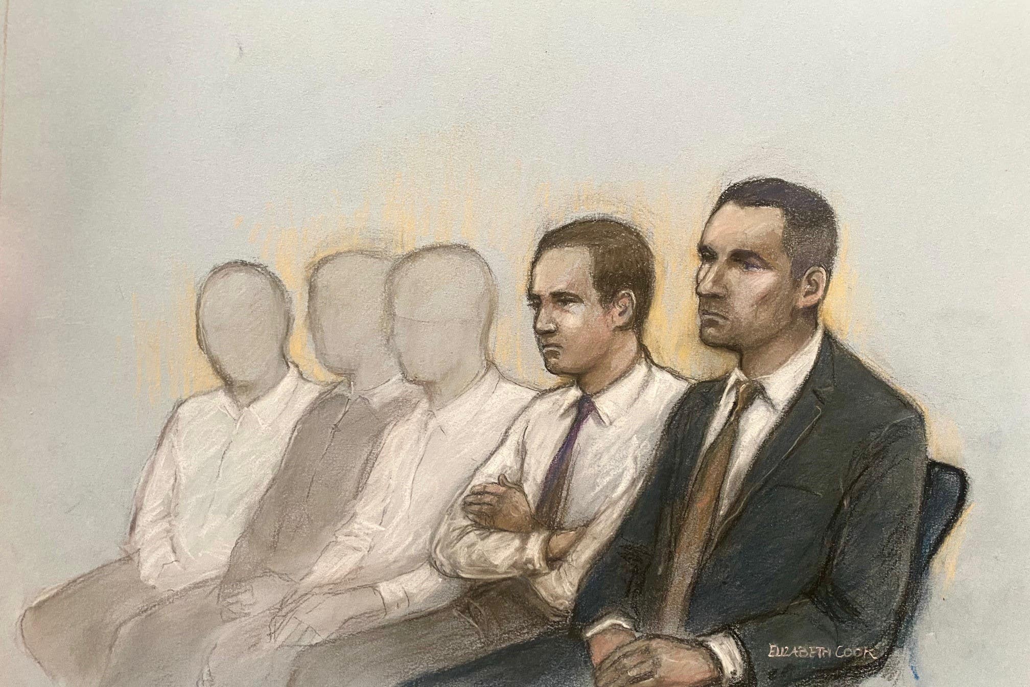 Antony Snook (right) sitting beside Riley Tolliver, 18, and teenagers aged 15, 16 and 17, who cannot be named for legal reasons at Bristol Crown Court, during their trial (Elizabath Cook/PA)