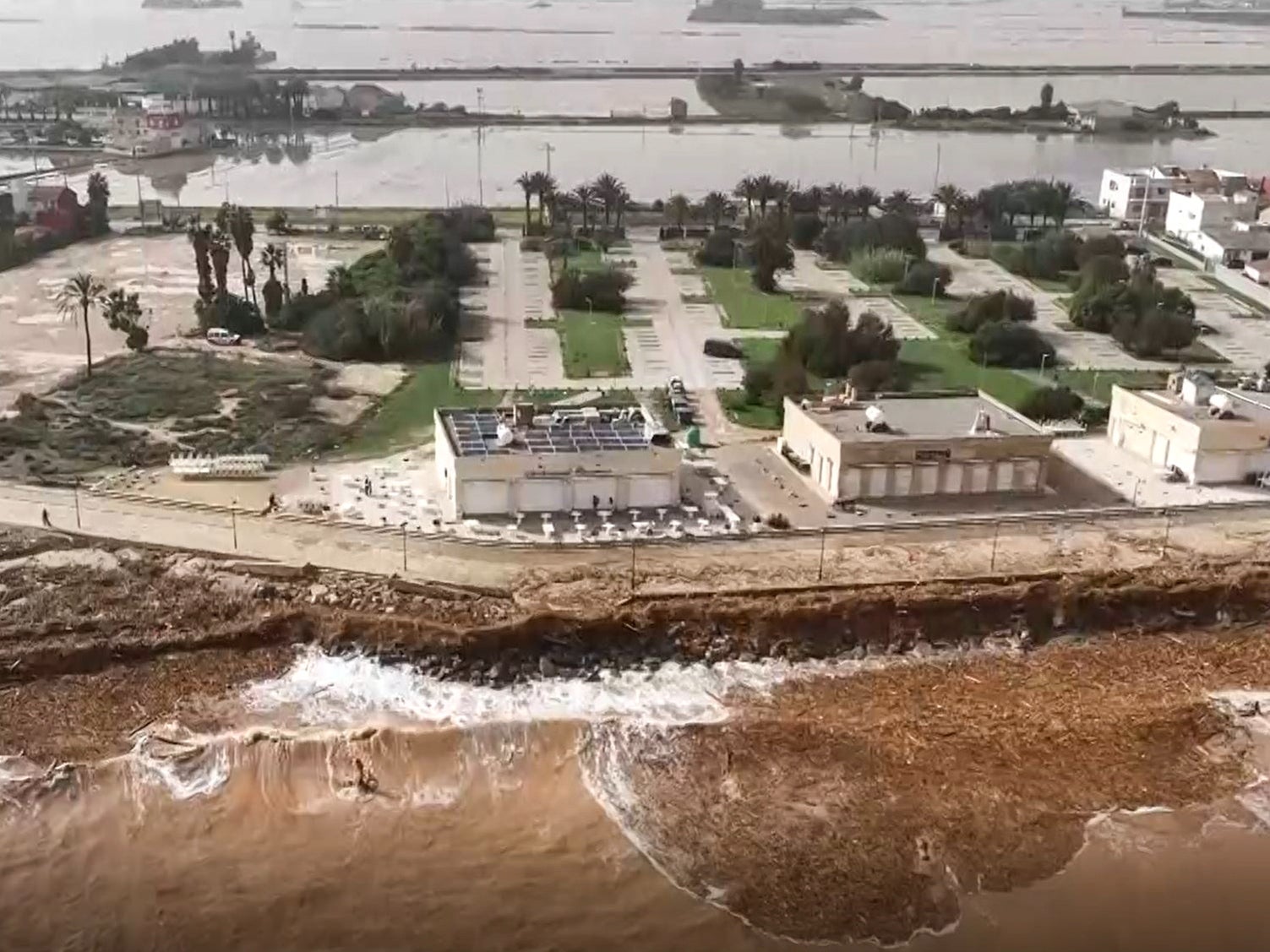 An aerial view shows a flooded area after the river burst its banks in the flood-hit municipality of Paiporta, in the province of Valencia