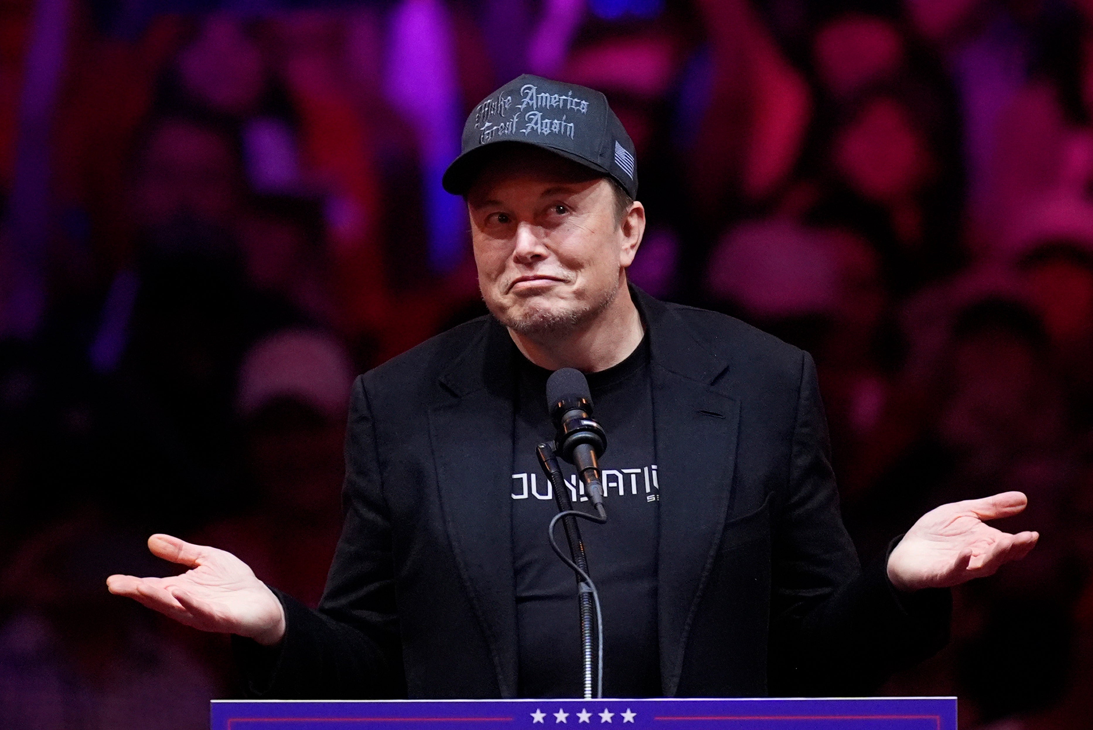 Elon Musk, speaking to Donald Trump’s supporters in Madison Square Garden on October 27, has been sued over a scheme to randomly award swing-state voters $1 million