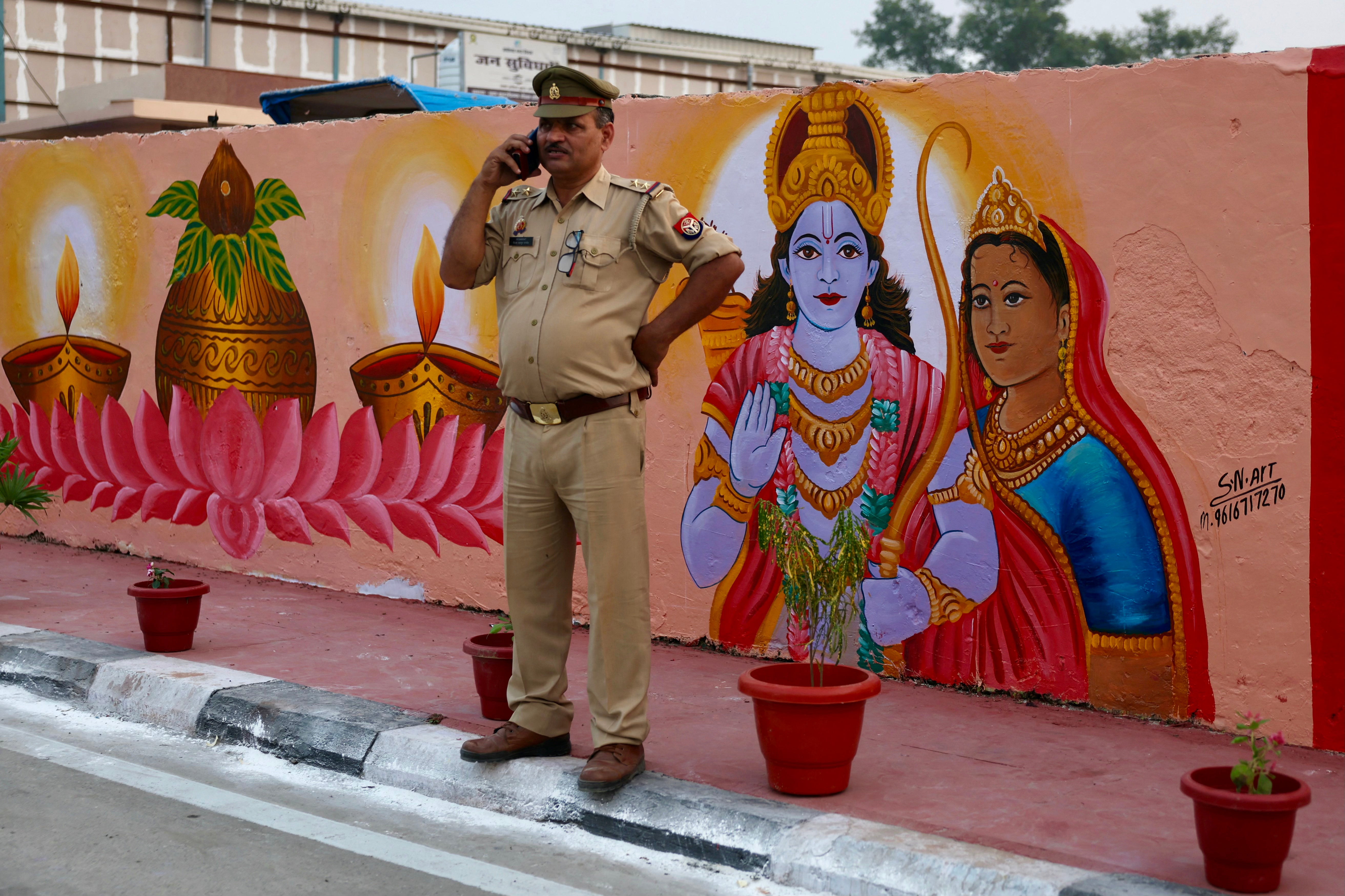 Representational. Indian policeman stands on a road on the eve of the Hindu festival of Diwali in Ayodhya, Uttar Pradesh, on 31 October 2024