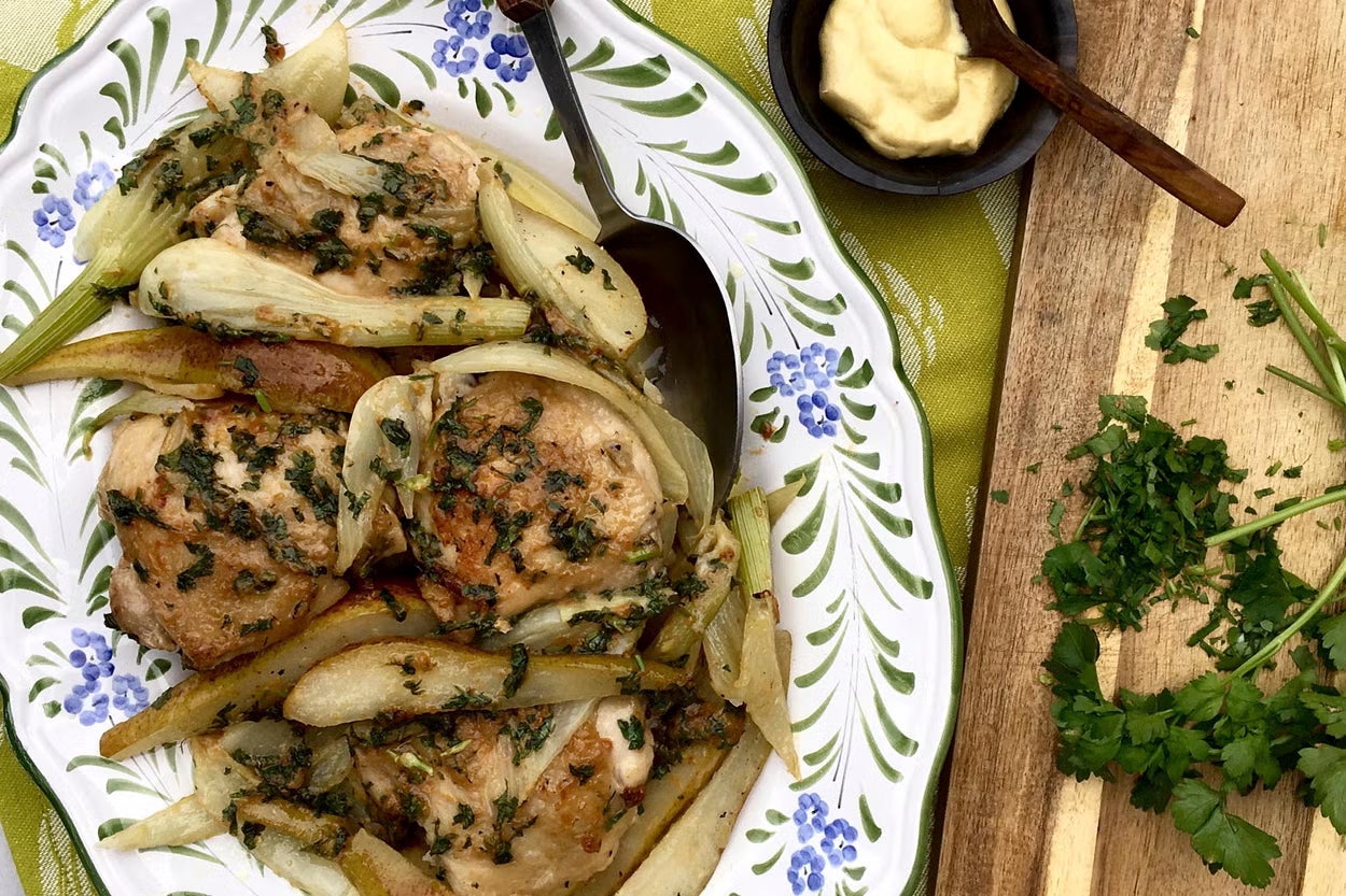 Roast chicken’s autumnal wardrobe update: pears for sweetness, fennel for bite and just enough butter to keep things interesting