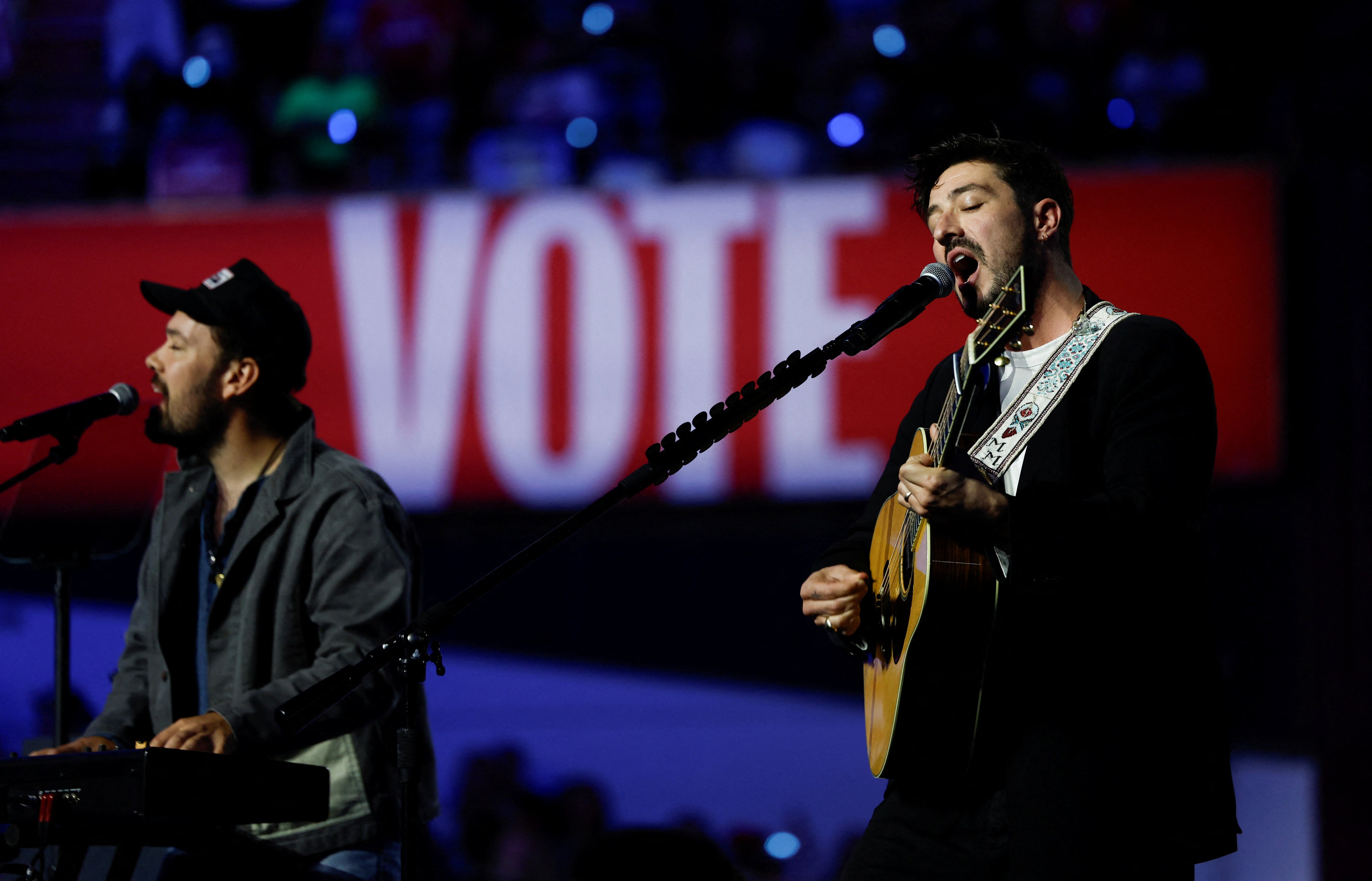 Rock band Mumford & Sons perform at a campaign rally of Democratic presidential nominee and U.S. Vice President Kamala Harris in Madison, Wisconsin, U.S