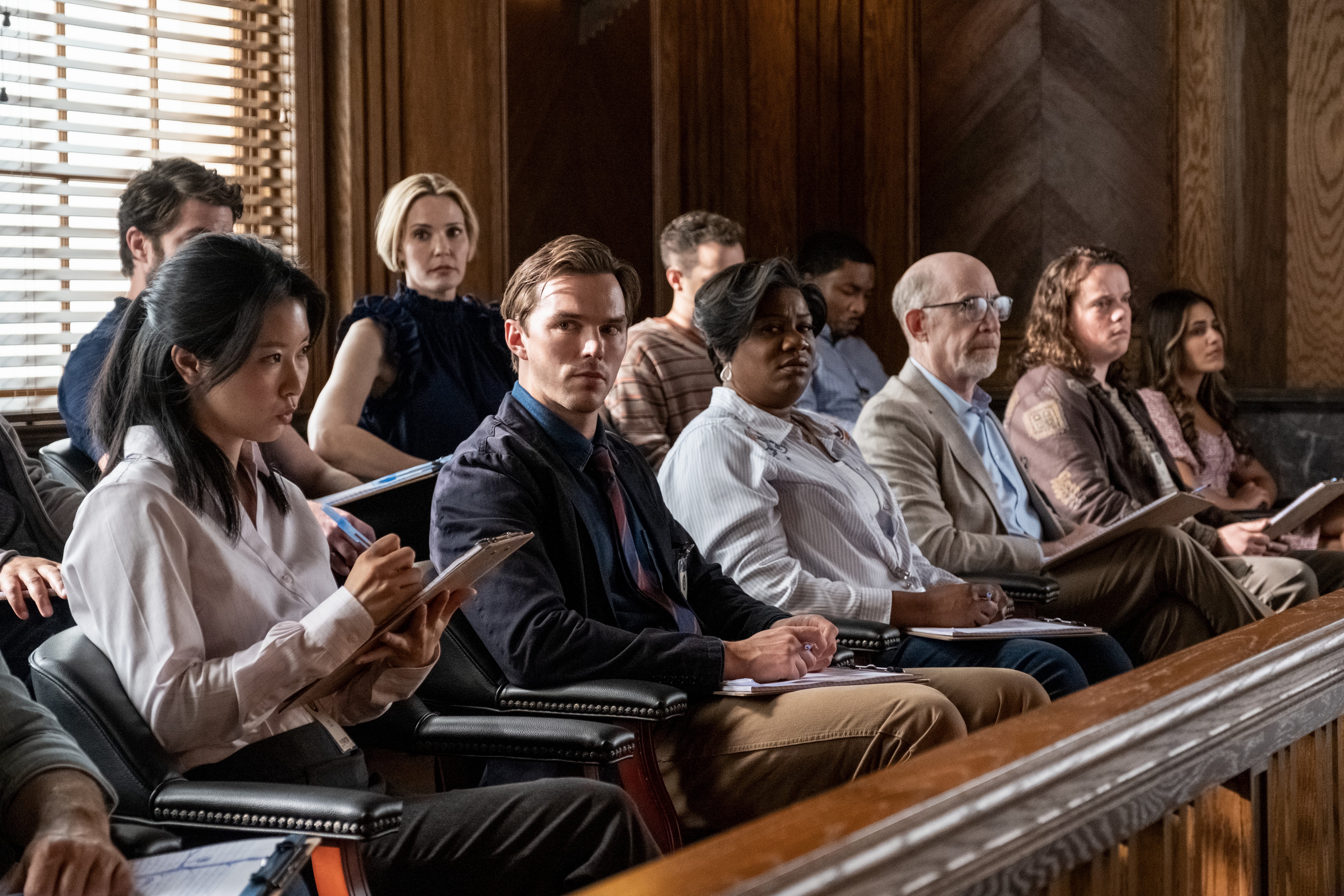 Hoult, Leslie Bibb, Adrienne C Moore and JK Simmons in ‘Juror #2'