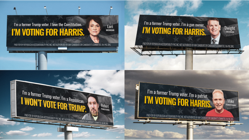 Republican Voters Against Trump is running these billboards in the Philadelphia, Milwaukee, and Detroit media markets this weekend