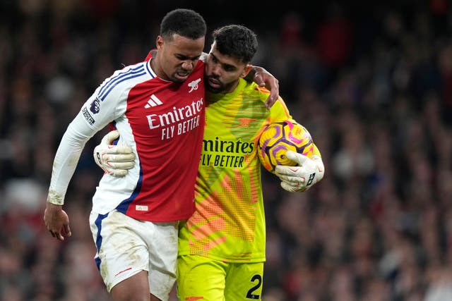 <p>Arsenal defender Gabriel (left) was subbed off against Liverpool but his injury isn’t as serious as first feared </p>