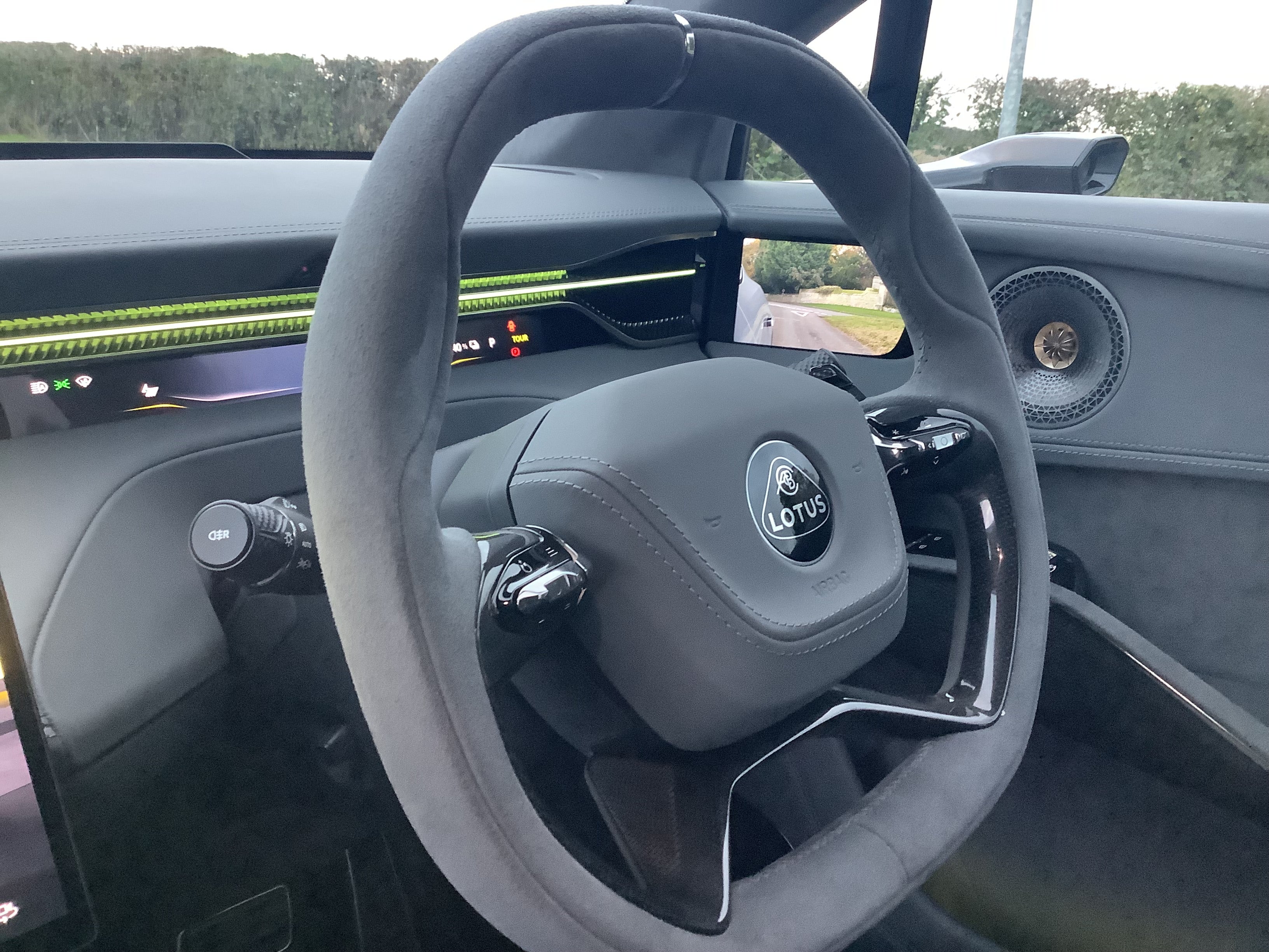 The Eletre has cameras that substitute for conventional door mirrors, with screens on the leading interior edge of the doors – unusual, but they work well in the rain and at night