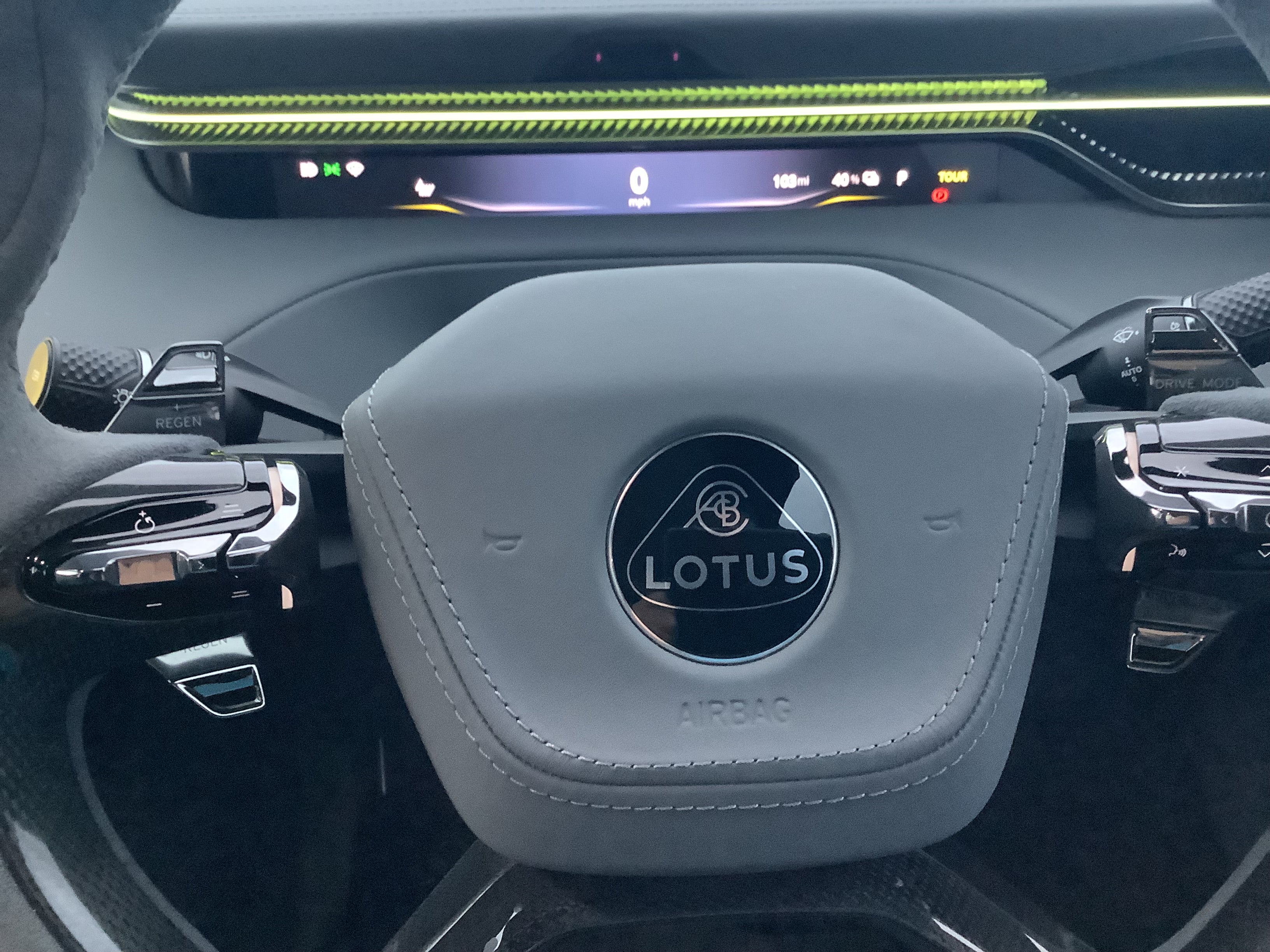 The Eletre has a digital speedometer and click buttons on the steering wheel, although our Sean would have preferred to have seen a dial and a few more buttons and knobs