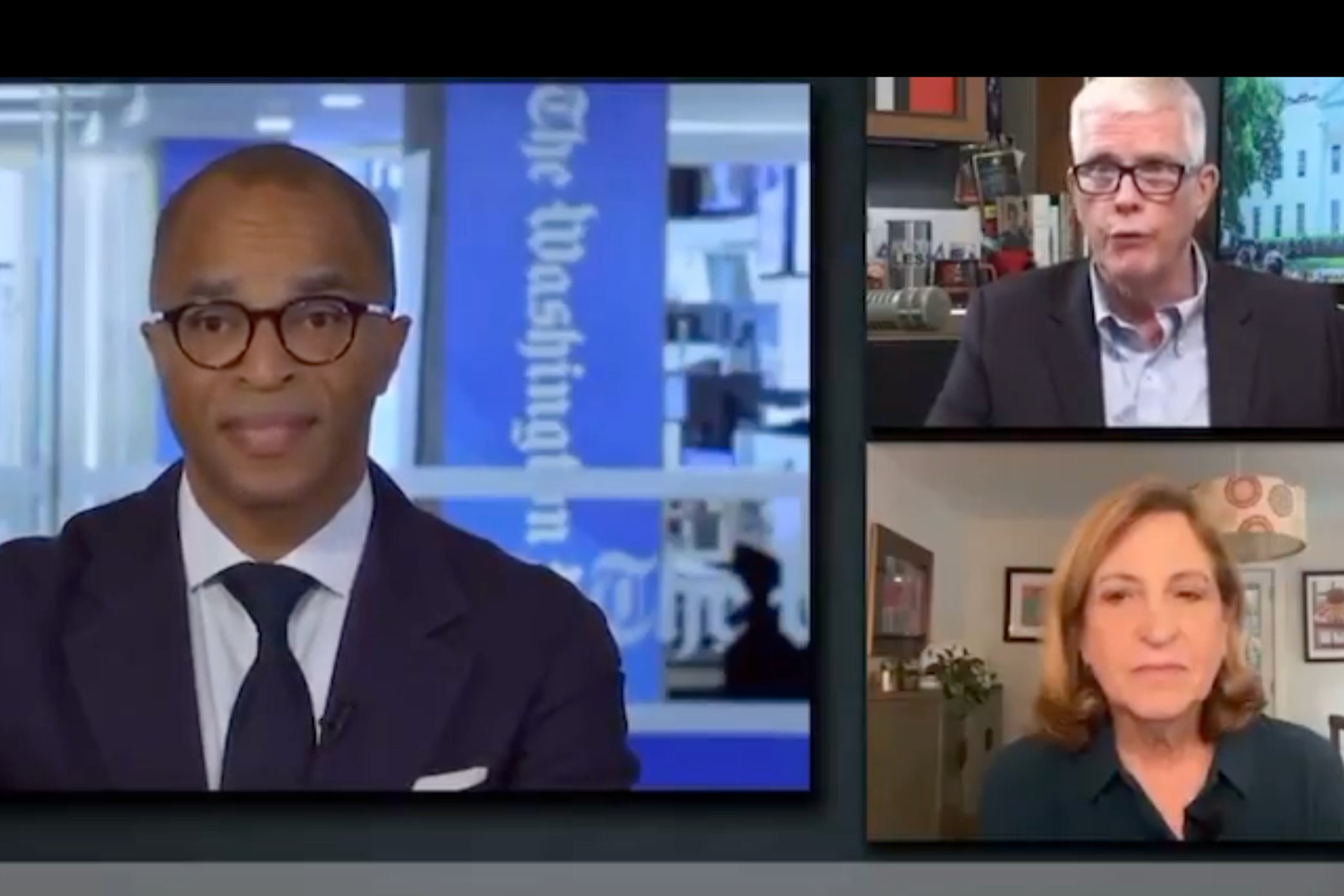 Conservative commentator High Hewitt (top right) stormed out of a Washington Post live interview on Friday after being challenged by Jonathan Capehart (left)